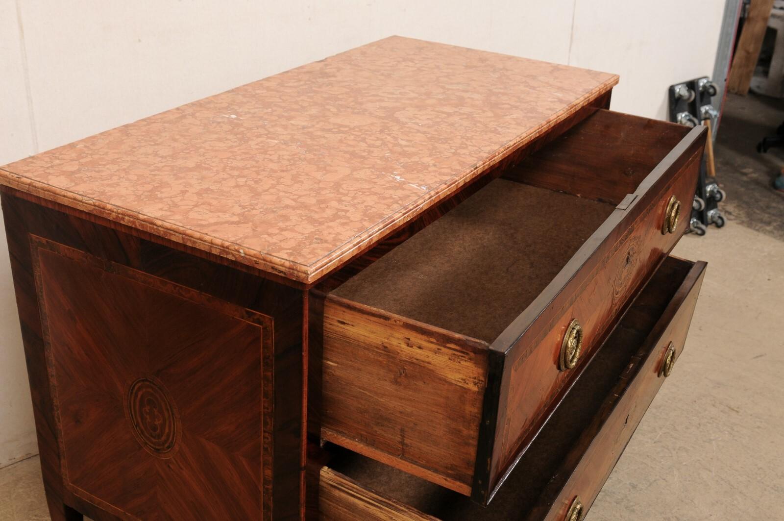 18th Century and Earlier Italian Chest w/ Beautiful Veneers, Inlay Banding & Original Marble Top, c. 1790 For Sale
