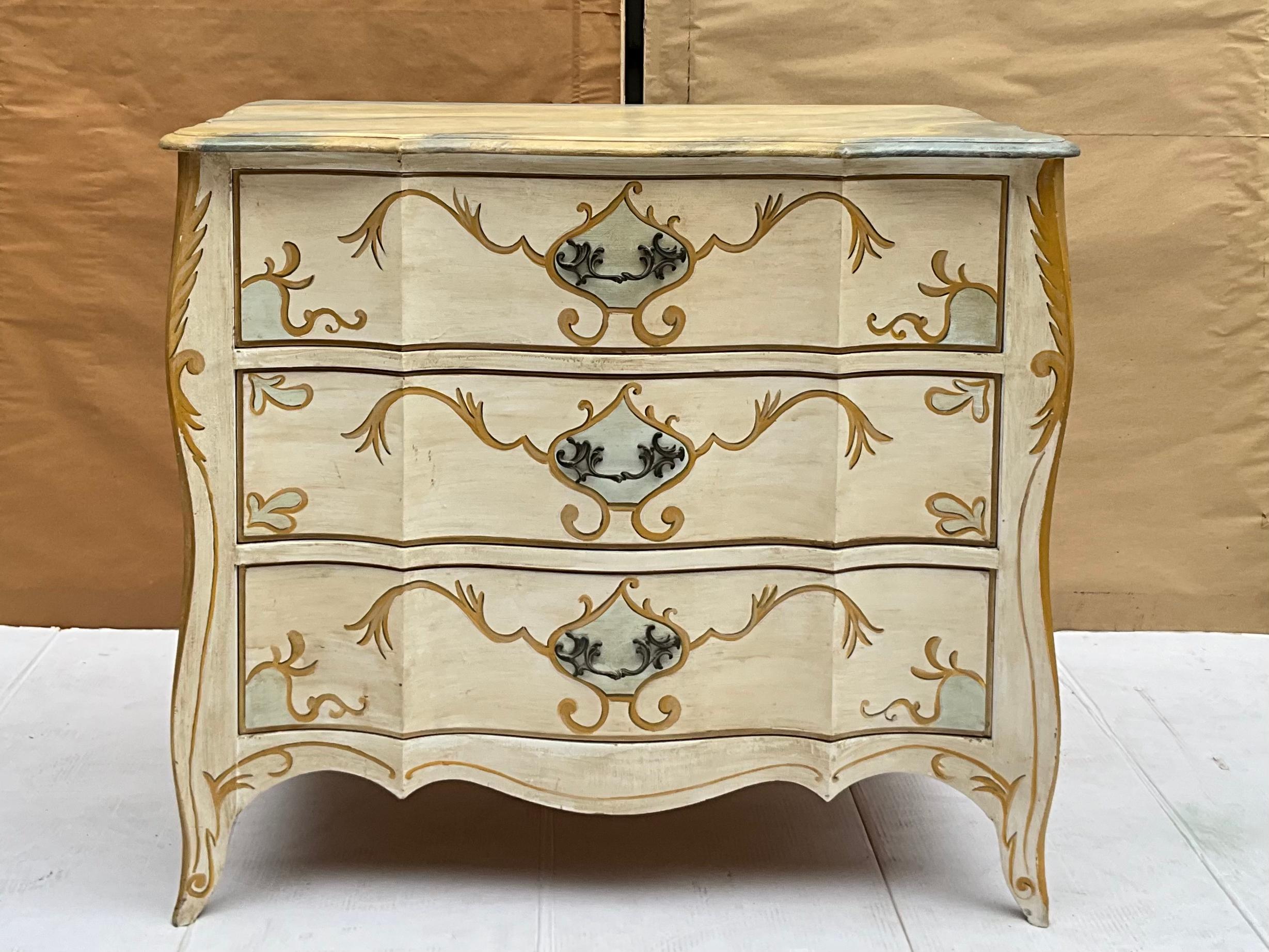 20th Century Italian Chests / Commodes W/ French Styling & Faux Marble Painted Tops - Pair