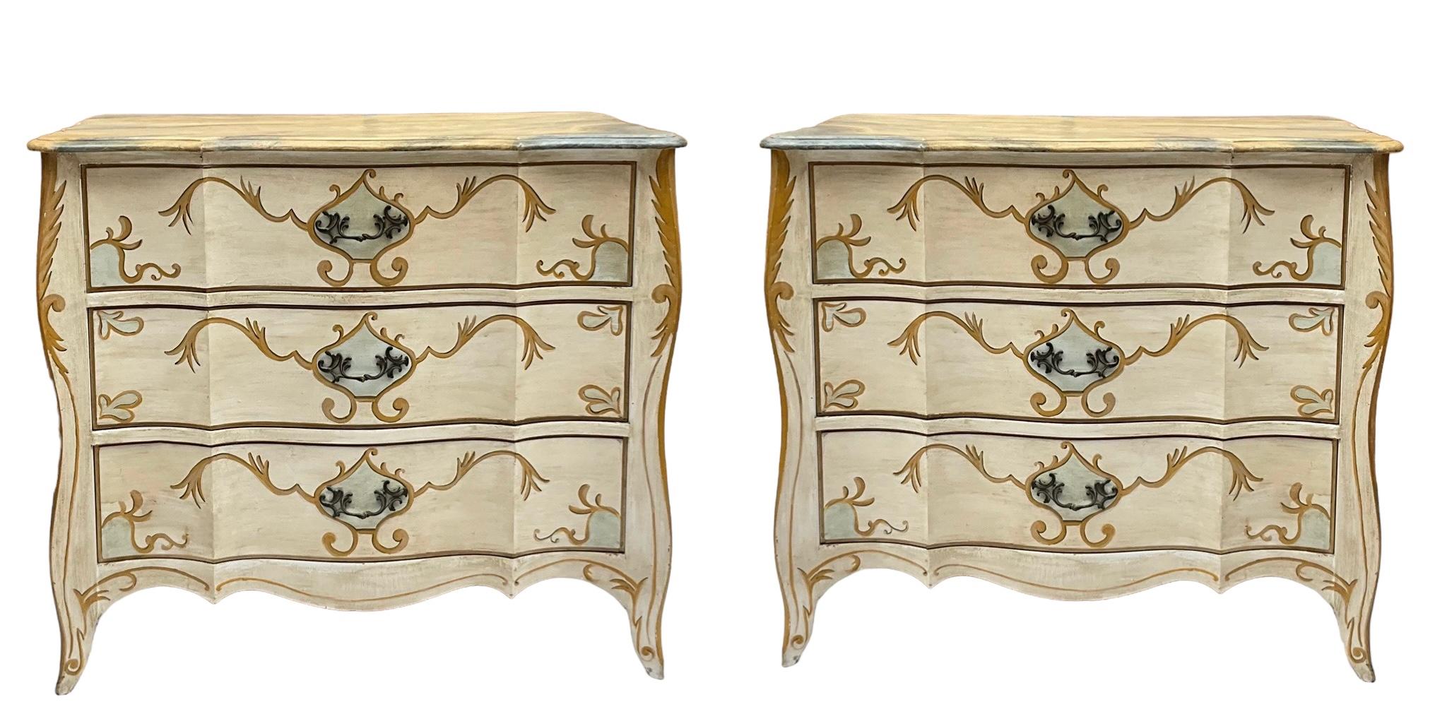Brass Italian Chests / Commodes W/ French Styling & Faux Marble Painted Tops - Pair