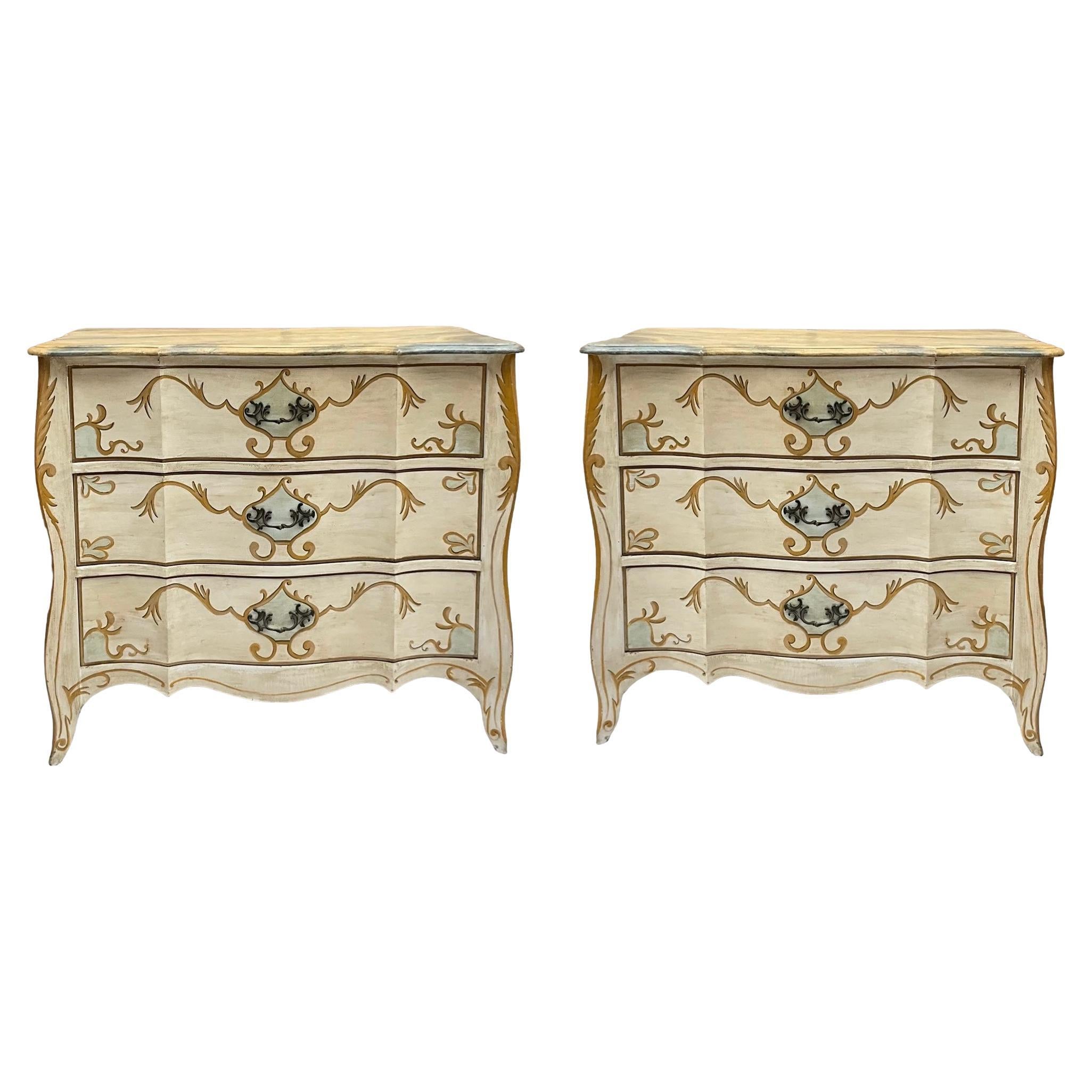 Italian Chests / Commodes W/ French Styling & Faux Marble Painted Tops - Pair