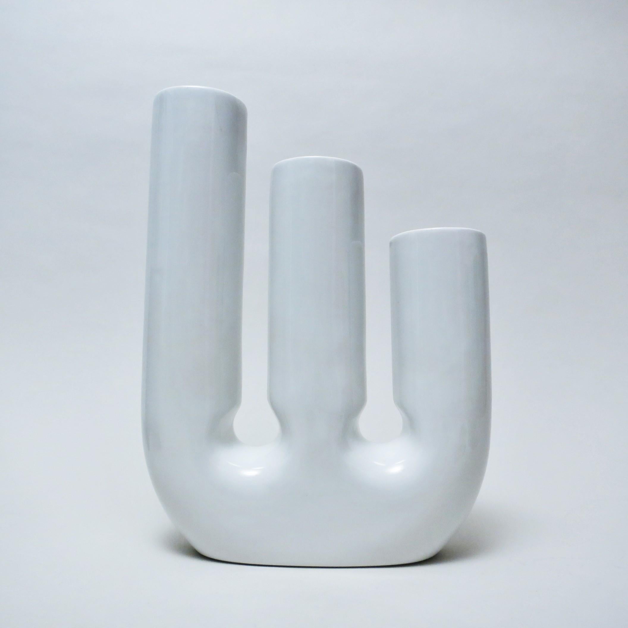 Italian white ceramic vase with 3 chimney designed by Pino Spagnolo for Sicart in the early 1970s.