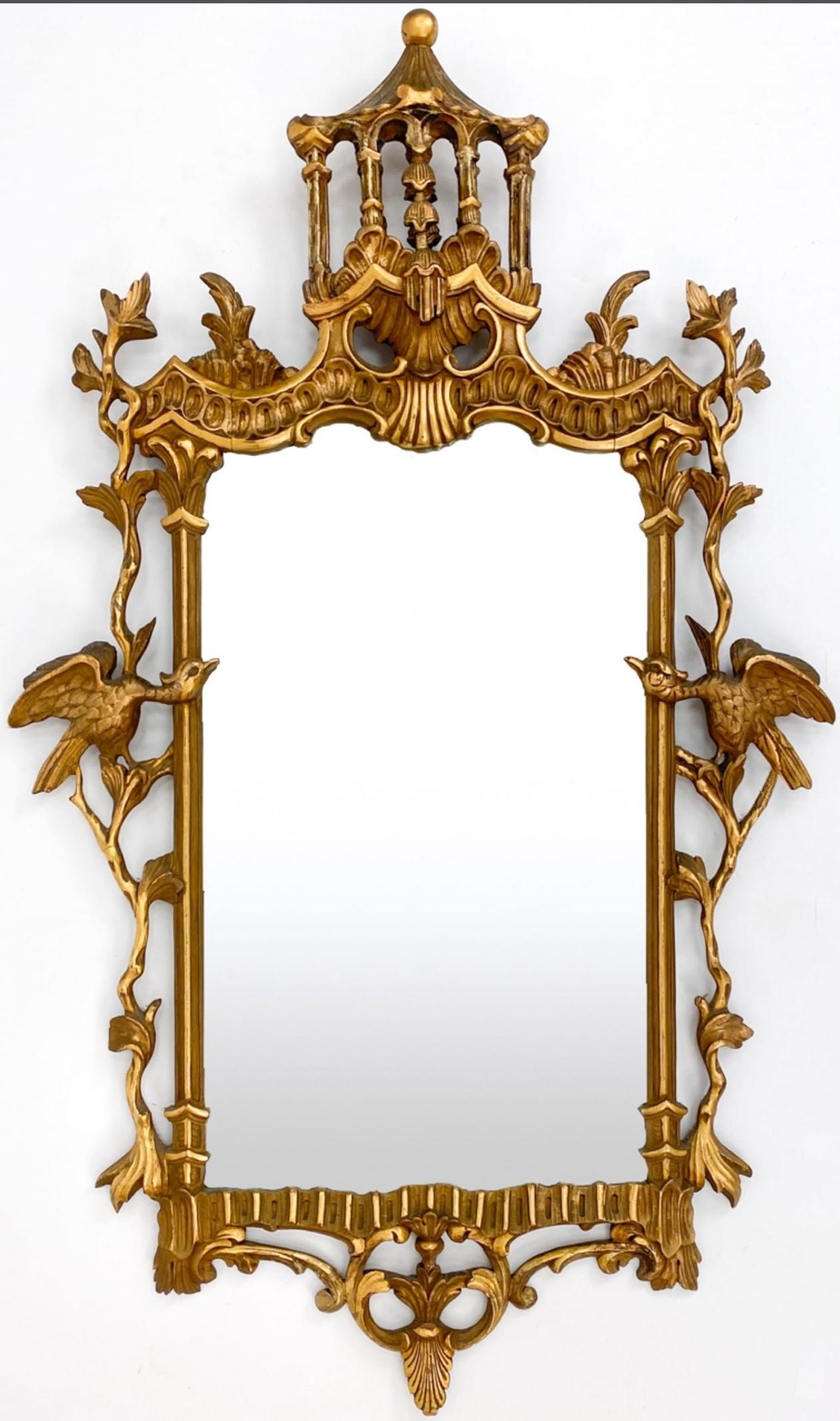 Italian Chinese Chippendale Style Carved Giltwood Mirror With Pagoda 2