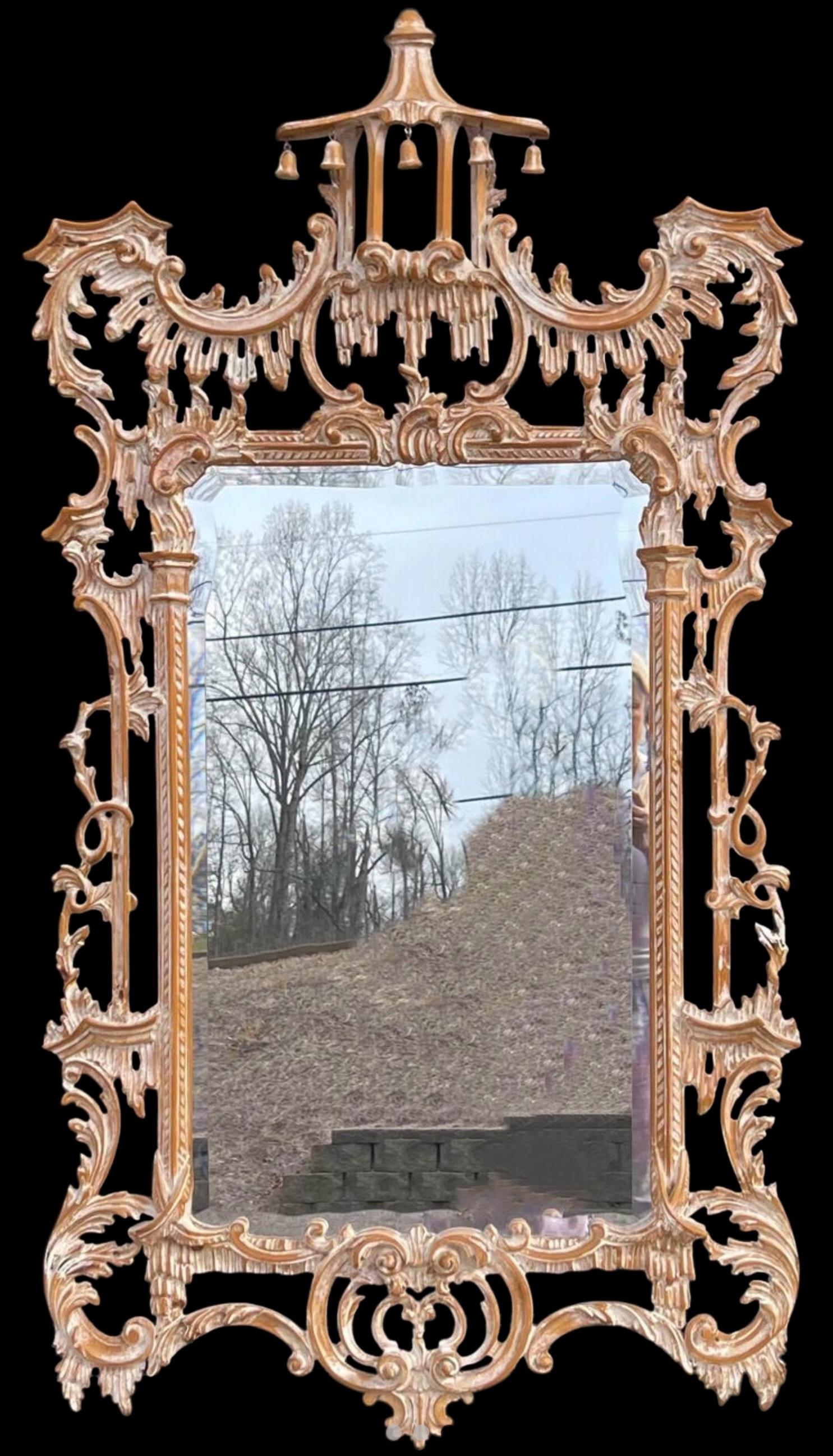 Chippendale cinese Italian Chinese Chippendale Style Cerused Carved Wood Pagoda Form LaBarge Mirror in vendita