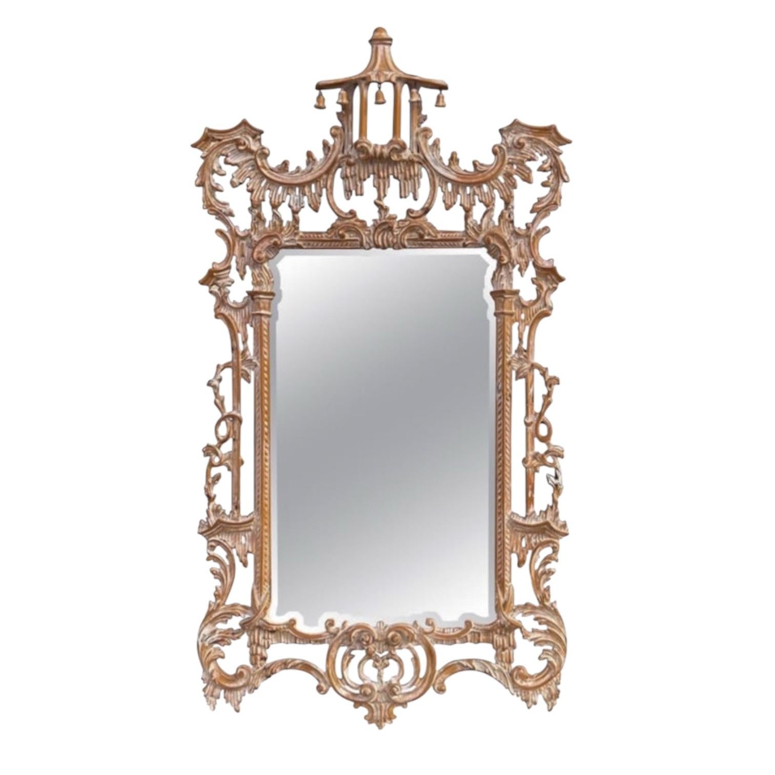 Italian Chinese Chippendale Style Cerused Carved Wood Pagoda Form LaBarge Mirror In condizioni buone in vendita a Kennesaw, GA
