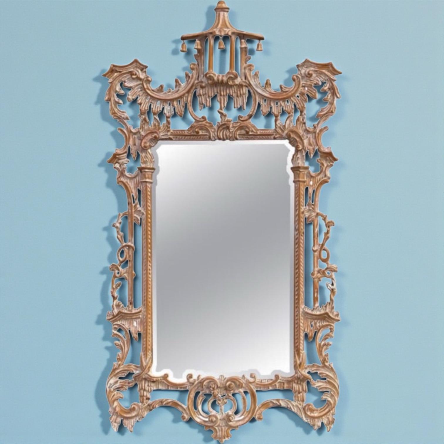 Specchio Italian Chinese Chippendale Style Cerused Carved Wood Pagoda Form LaBarge Mirror in vendita