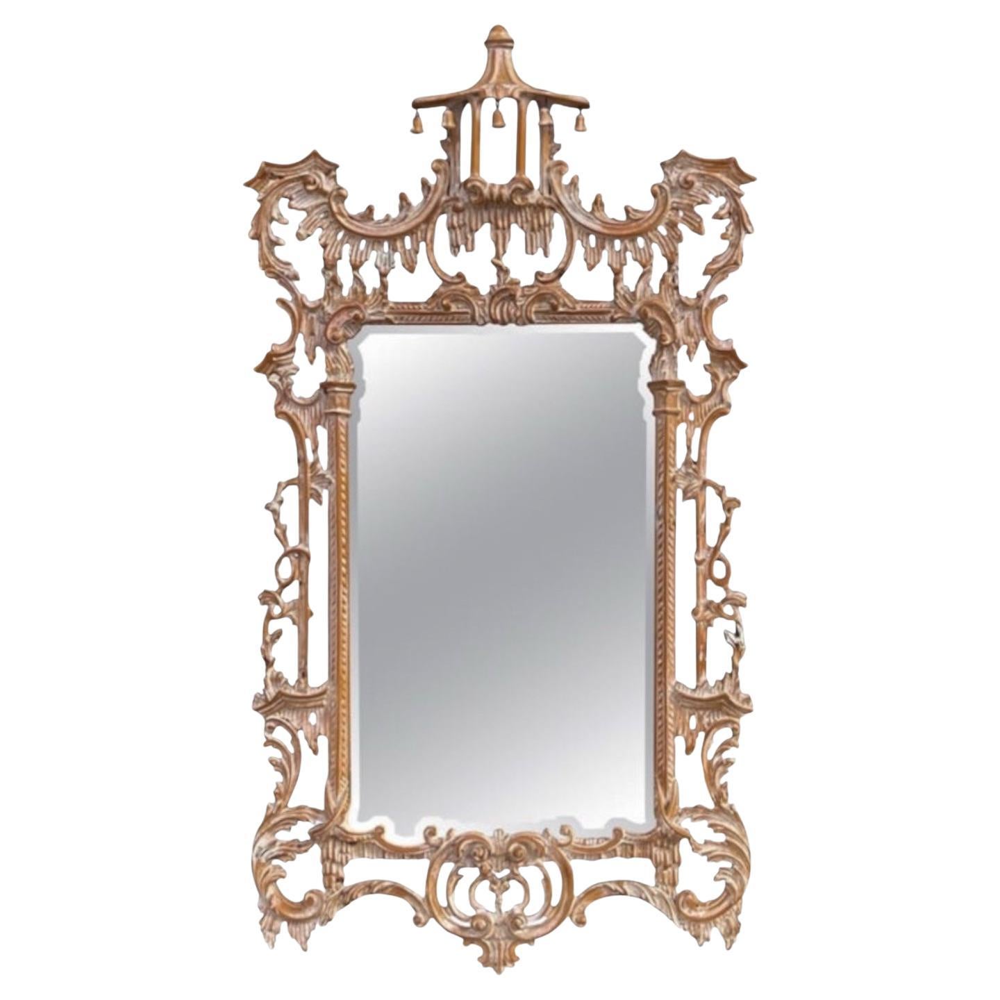 Italian Chinese Chippendale Style Cerused Carved Wood Pagoda Form LaBarge Mirror