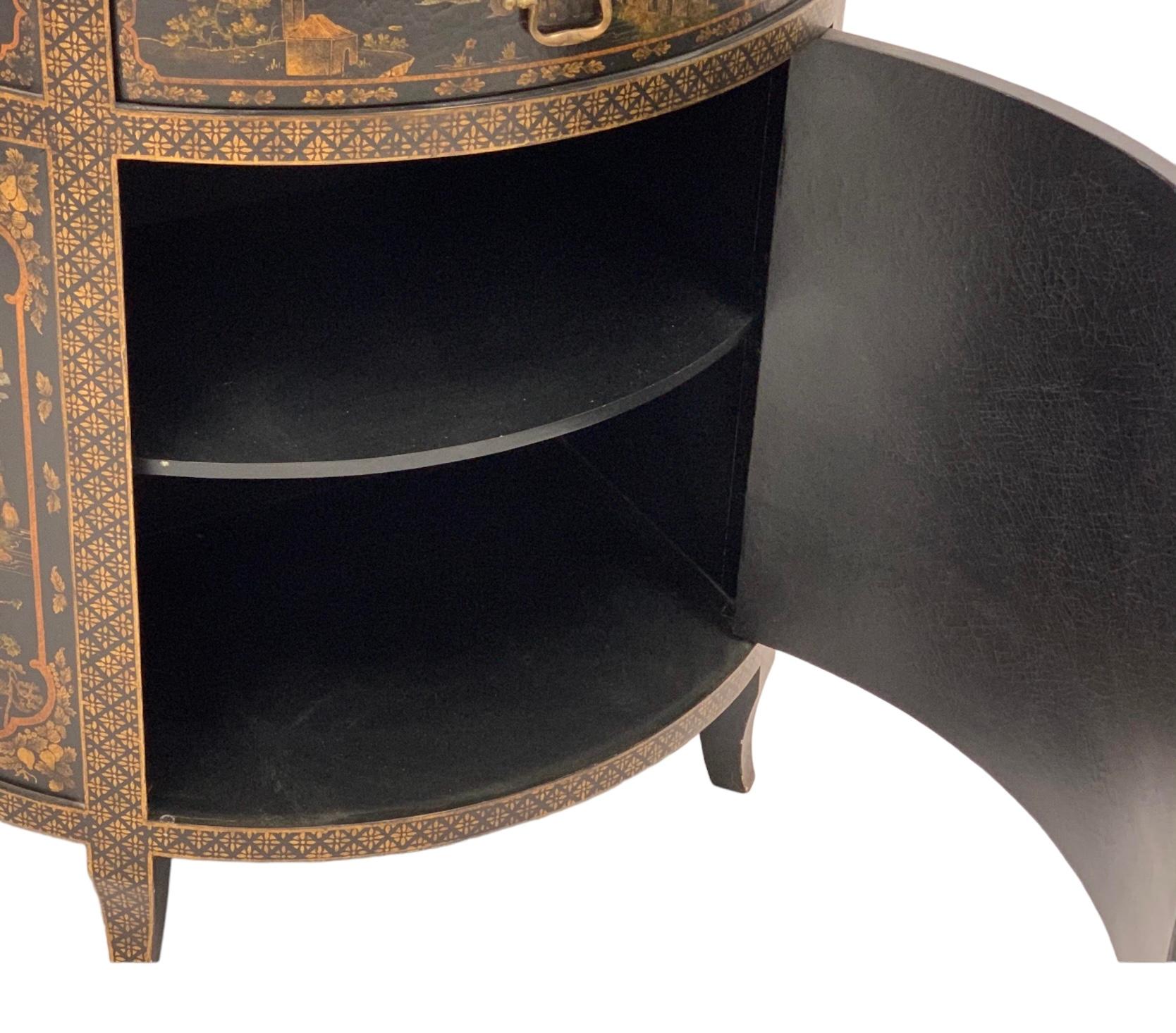 Regency Italian Chinoiserie Black Lacquer & Gilt Demilune Cabinet By Decorative Crafts