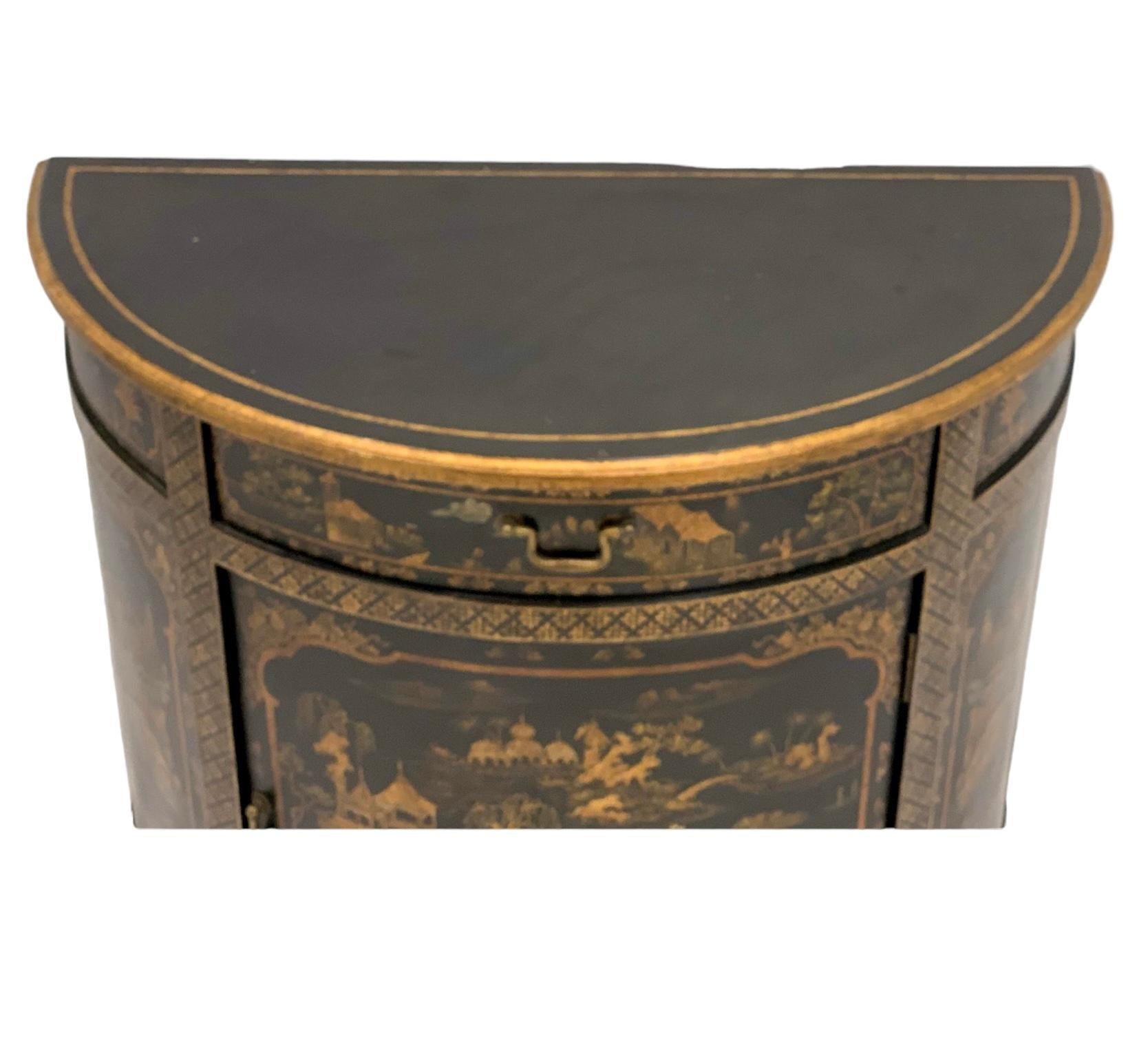 Italian Chinoiserie Black Lacquer & Gilt Demilune Cabinet By Decorative Crafts In Good Condition In Kennesaw, GA