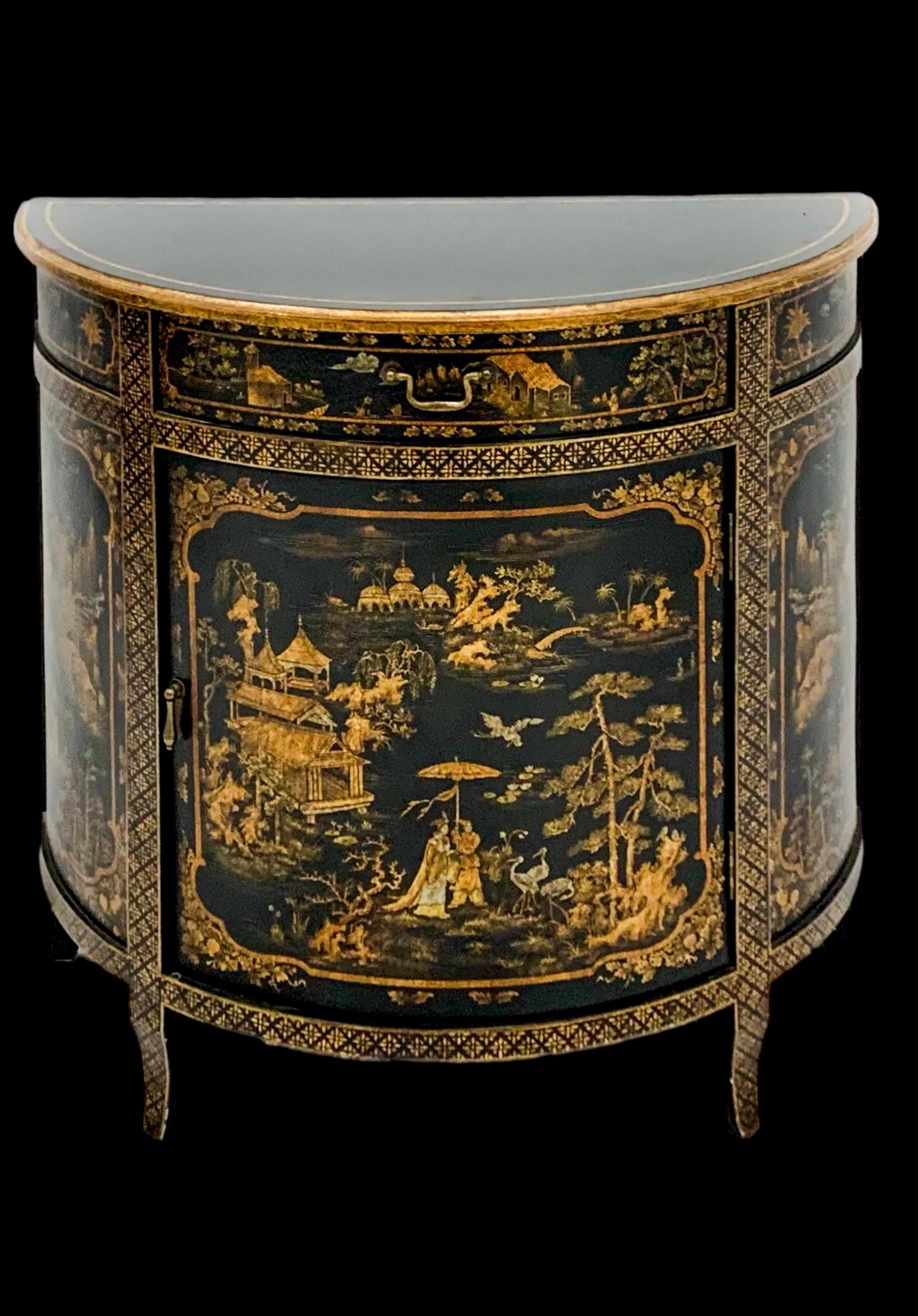 20th Century Italian Chinoiserie Black Lacquer & Gilt Demilune Cabinet By Decorative Crafts
