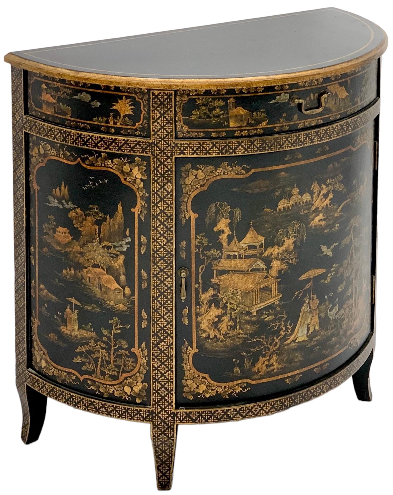 Wood Italian Chinoiserie Black Lacquer & Gilt Demilune Cabinet By Decorative Crafts