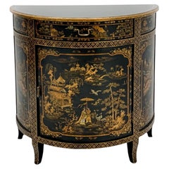 Italian Chinoiserie Black Lacquer & Gilt Demilune Cabinet By Decorative Crafts