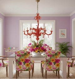 Lampadario italiano a 6 bracci in legno intagliato, finto bambù e fronde di palma