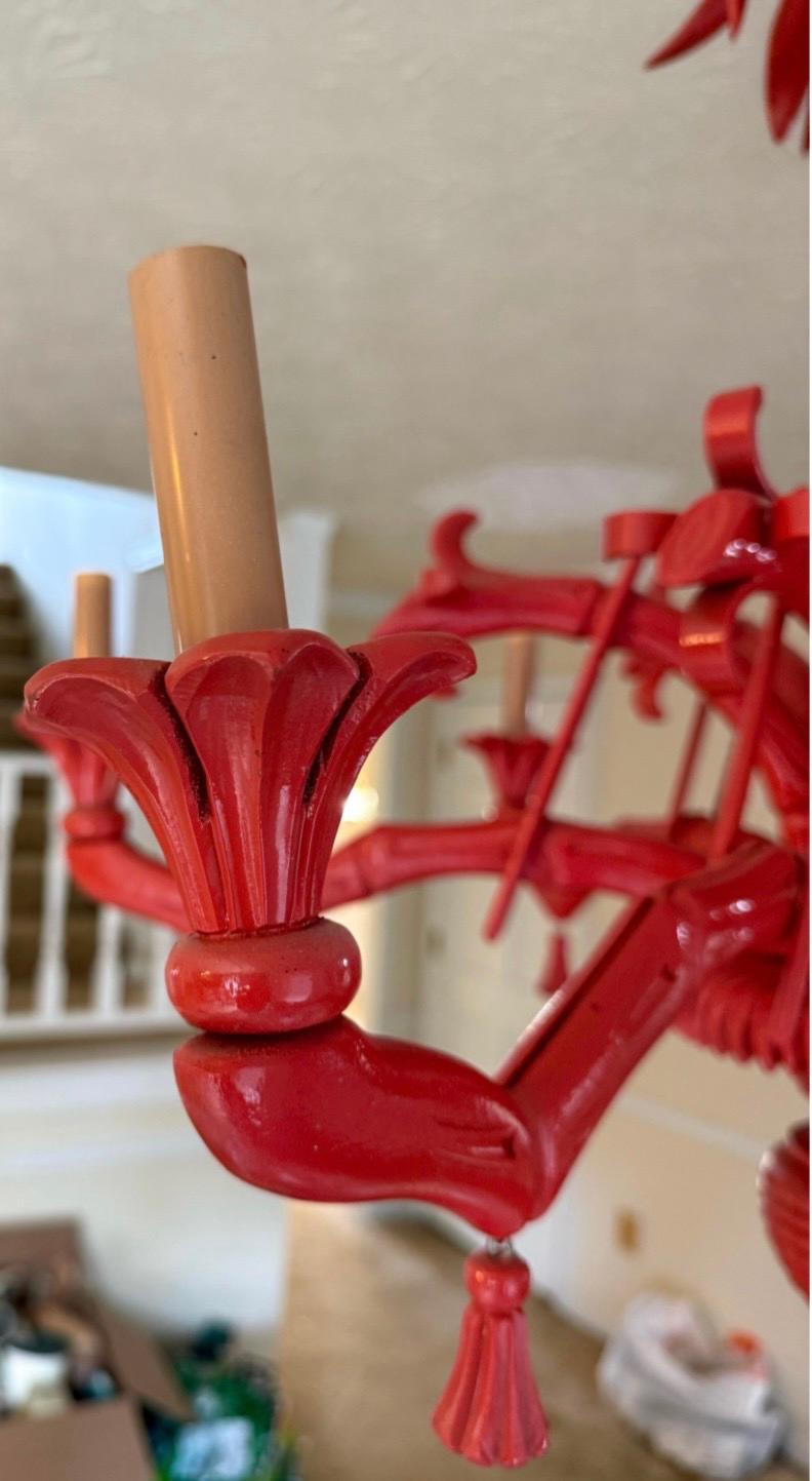 Lámpara de araña de 6 brazos de madera tallada en imitación de bambú y ramas de palmera, estilo Chinoiserie italiana Chippendale chino en venta