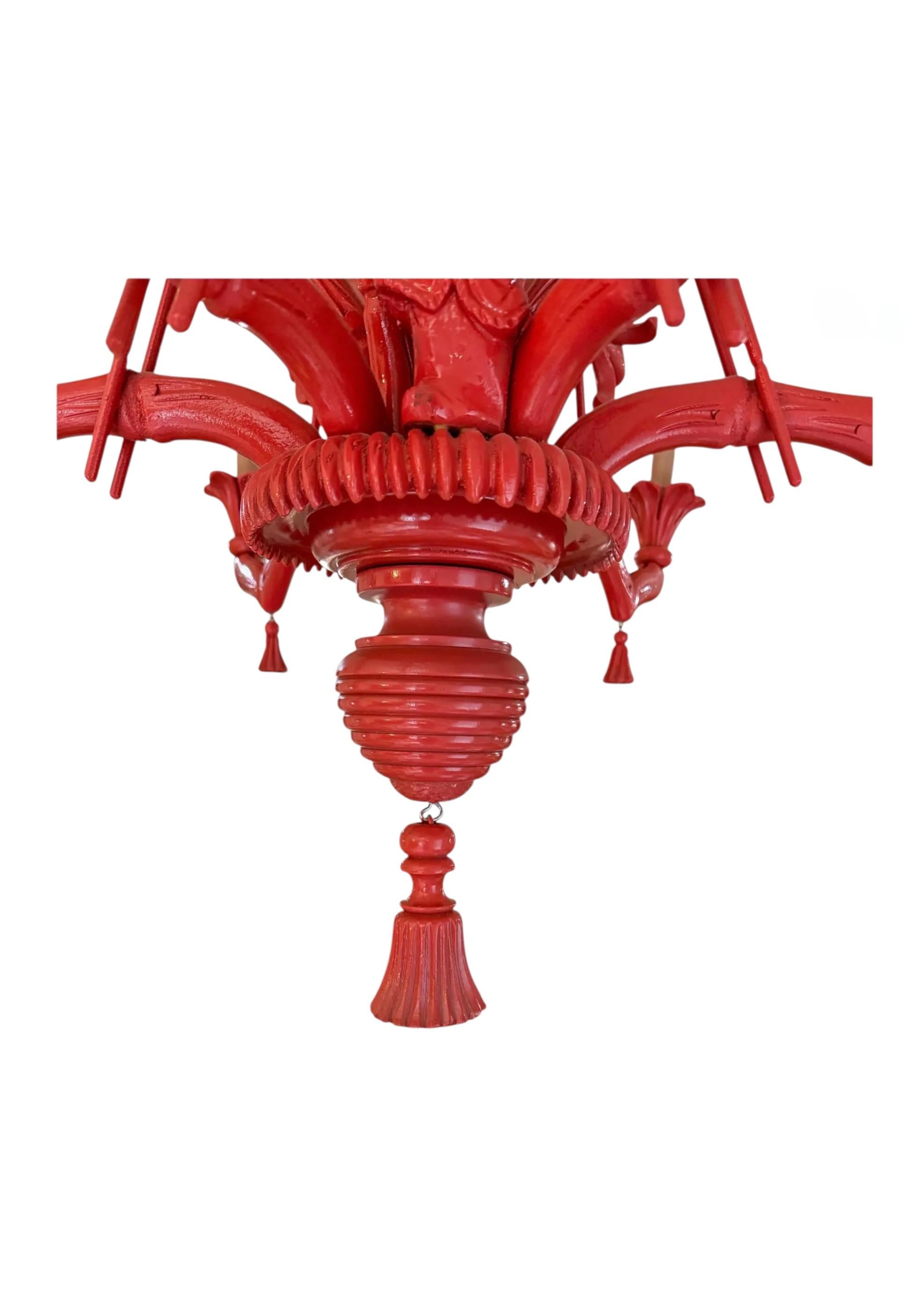 Italiano Lampadario italiano a 6 bracci in legno intagliato, finto bambù e fronde di palma