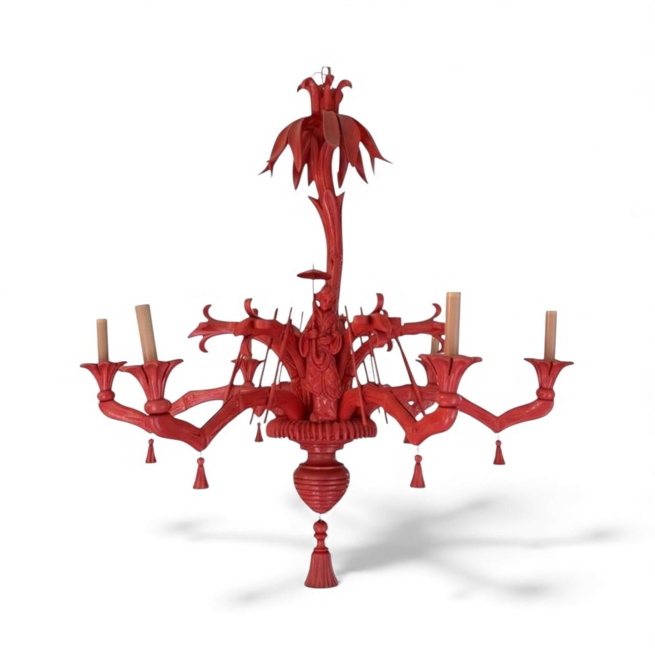 Lampadario italiano a 6 bracci in legno intagliato, finto bambù e fronde di palma In condizioni buone a Kennesaw, GA