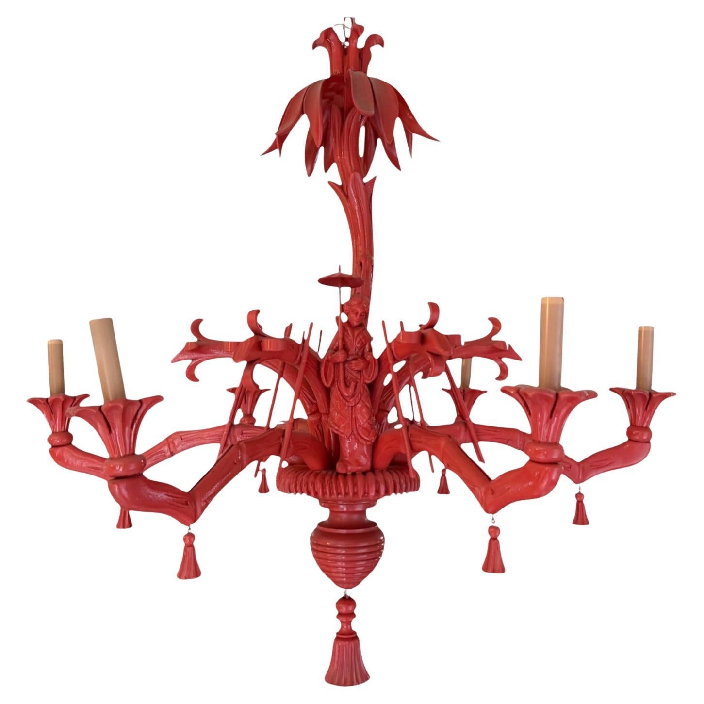 Lámpara de araña de 6 brazos de madera tallada en imitación de bambú y ramas de palmera, estilo Chinoiserie italiana en venta