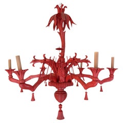 Italian Chinoiserie Carved Wood Faux Bamboo & Palm Frond Chandelier - 6 Arm
