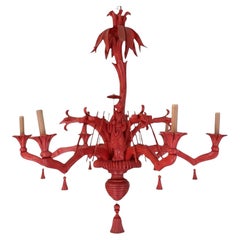 Italian Chinoiserie Carved Wood Faux Bamboo & Palm Frond Chandelier - 6 Arm Italian Chinoiserie Carved Wood Faux Bamboo & Palm Frond Chandelier - 6 Arm