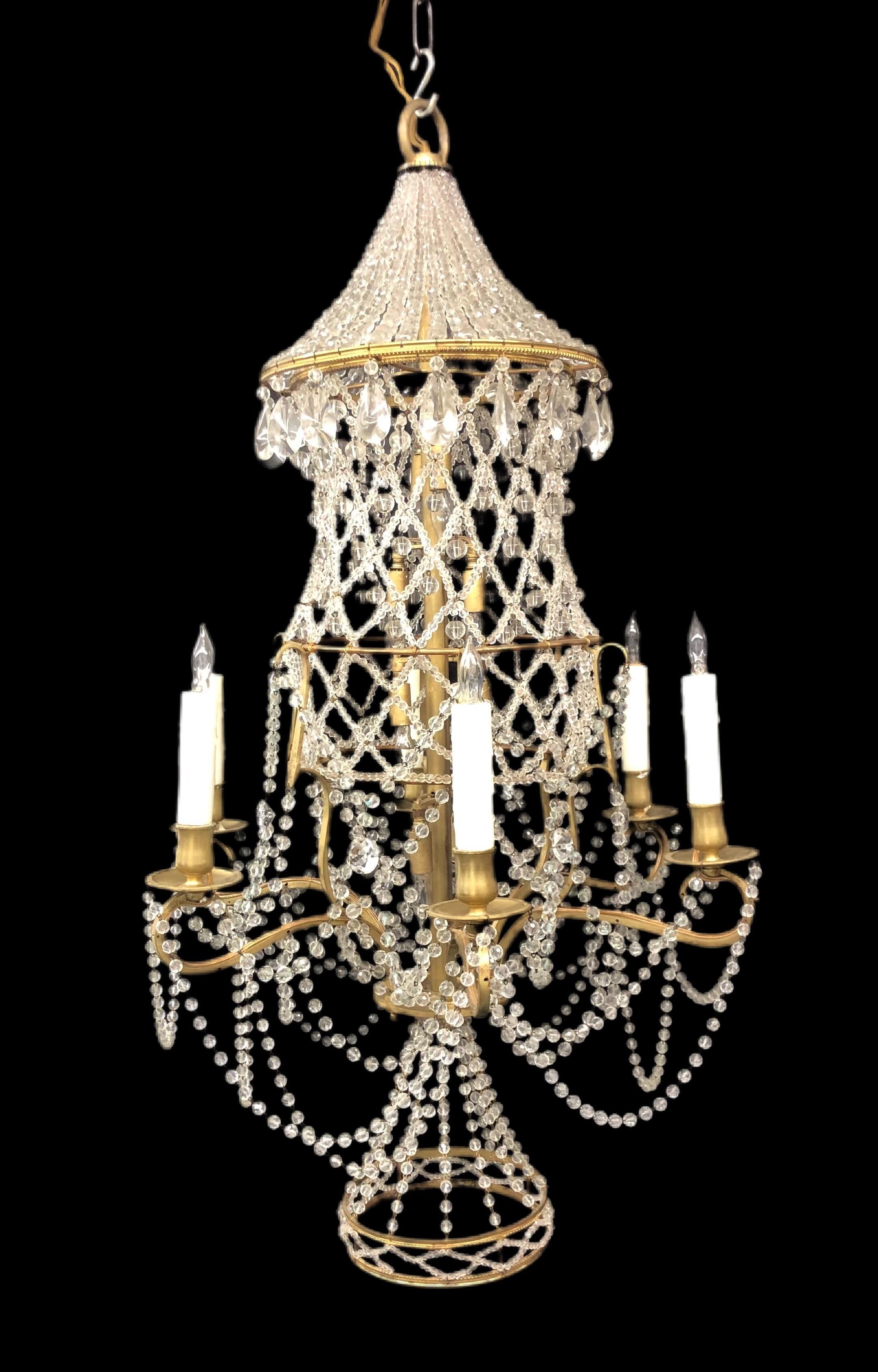 Italian Chinoiserie Pagoda Form Bronze & Crystal Chandelier, Early 20th C. In Good Condition For Sale In Charleston, SC