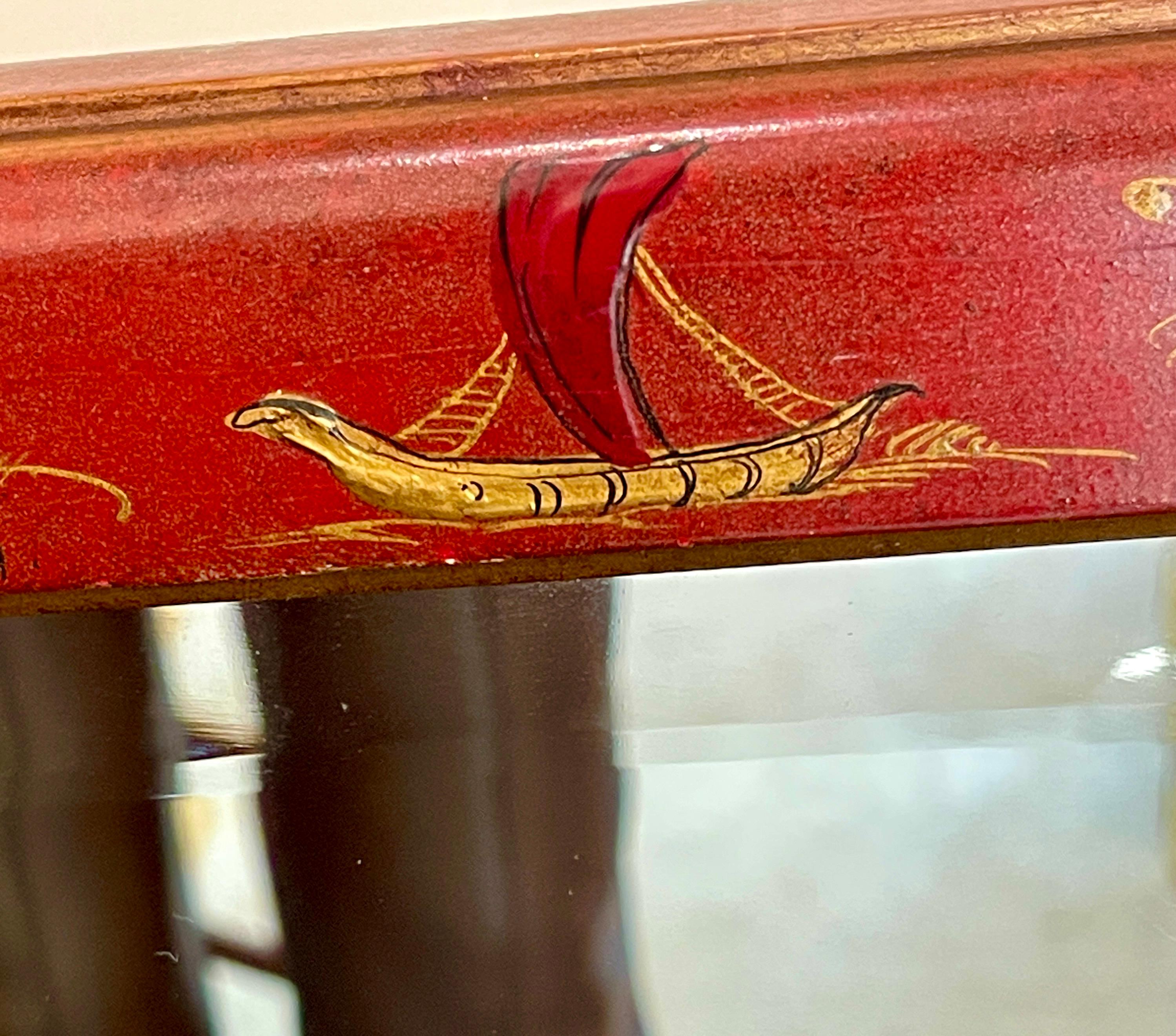 Miroir laqué rouge peint à la main, Chinoiserie italienne, années 1950 en vente 4