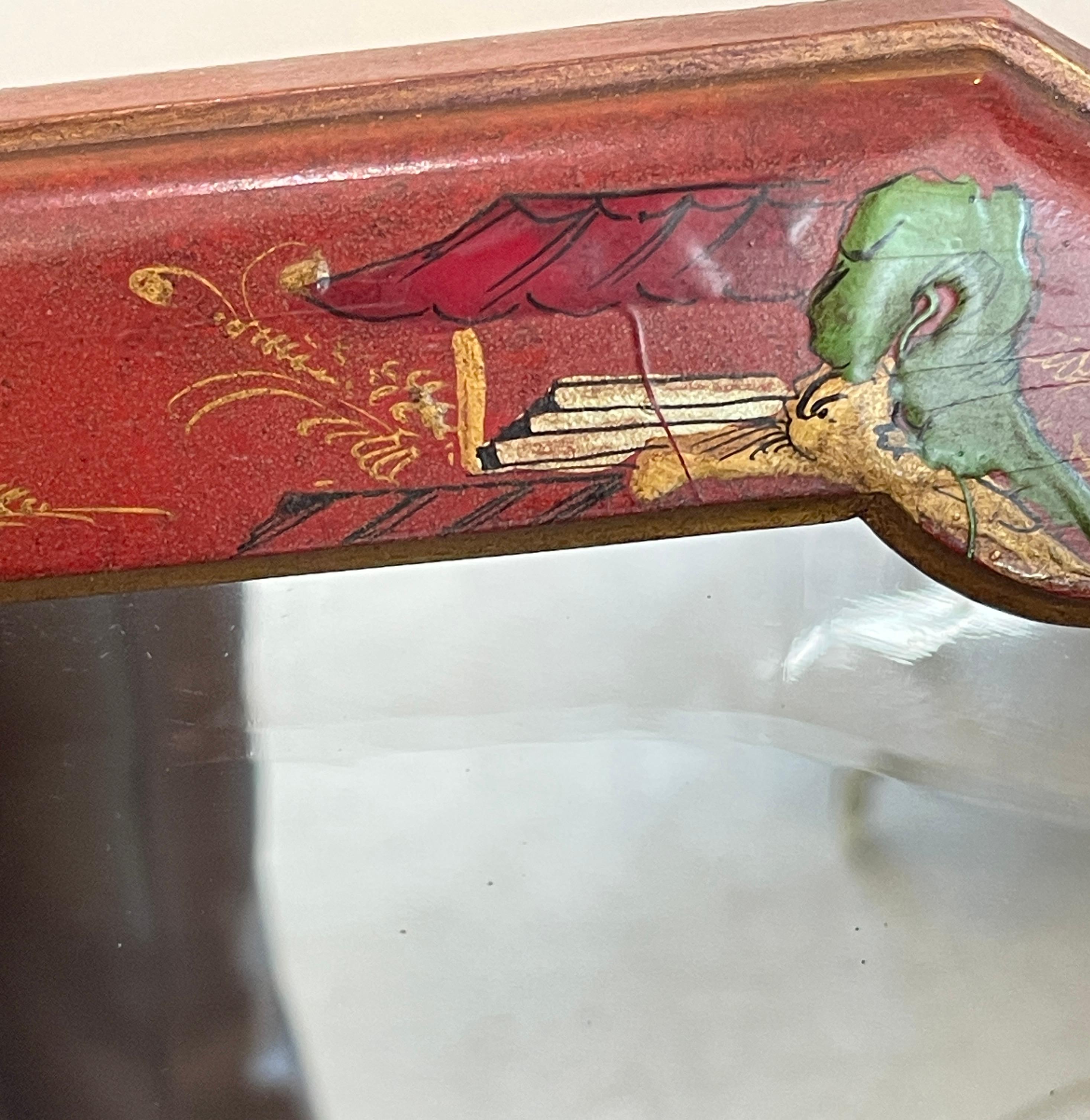 Miroir laqué rouge peint à la main, Chinoiserie italienne, années 1950 en vente 5