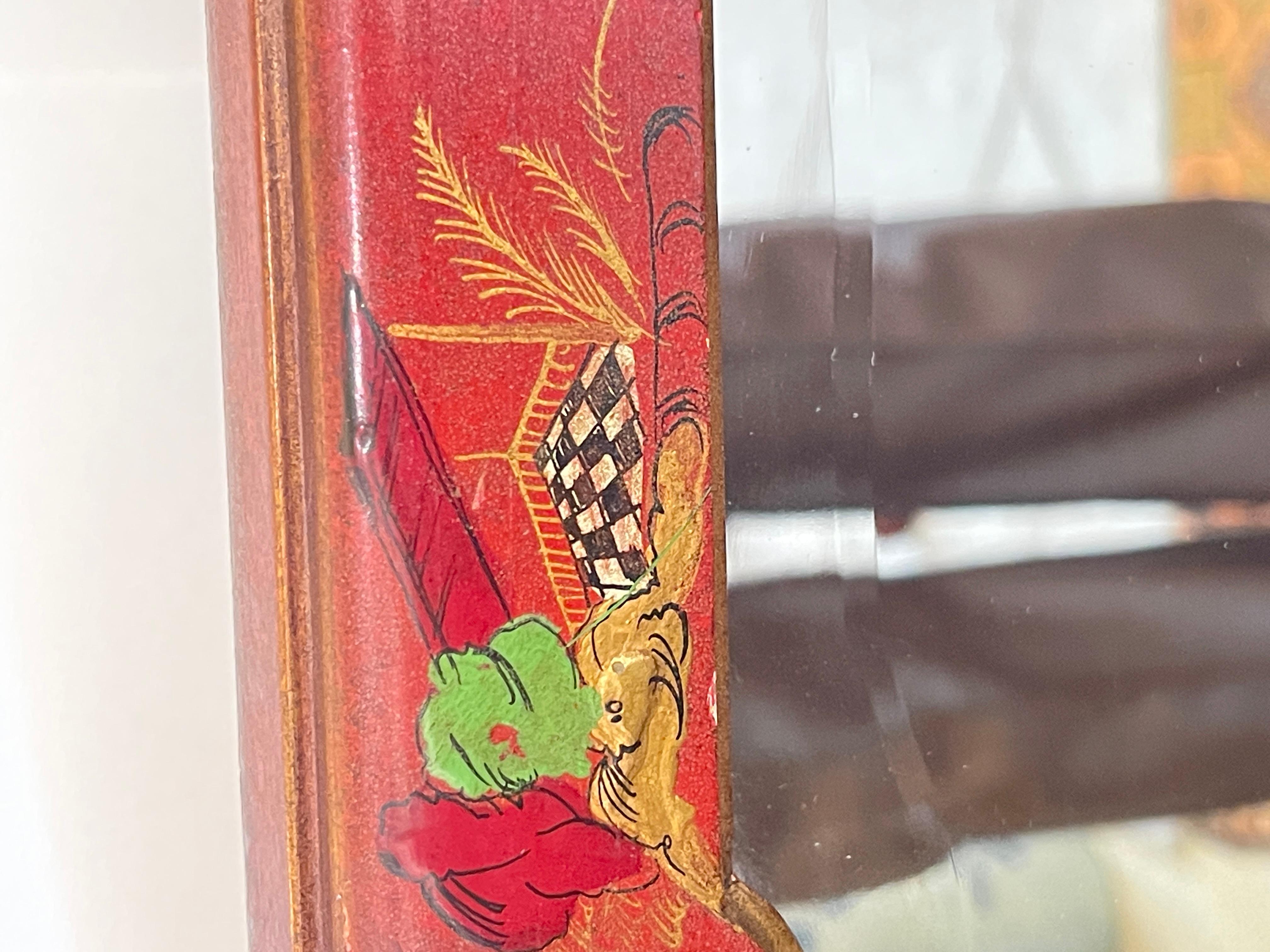Miroir laqué rouge peint à la main, Chinoiserie italienne, années 1950 en vente 7
