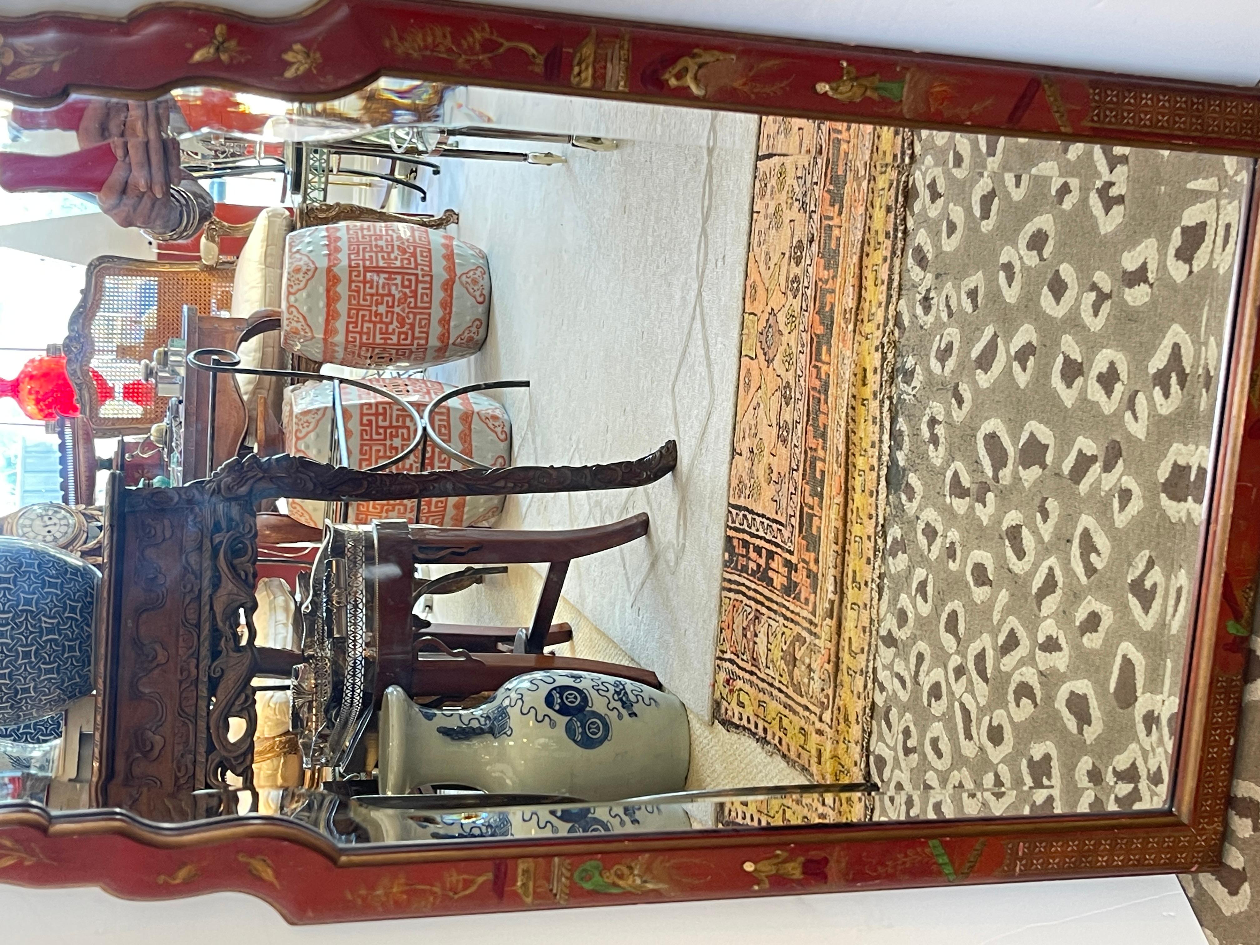 Justine, ce magnifique miroir laqué rouge peint à la main de style Chinoiserie italienne, années 1950.
Ce miroir est biseauté.
Très bon état vintage, conforme à l'âge et à l'utilisation.
Veuillez regarder toutes les grandes photos pour plus de