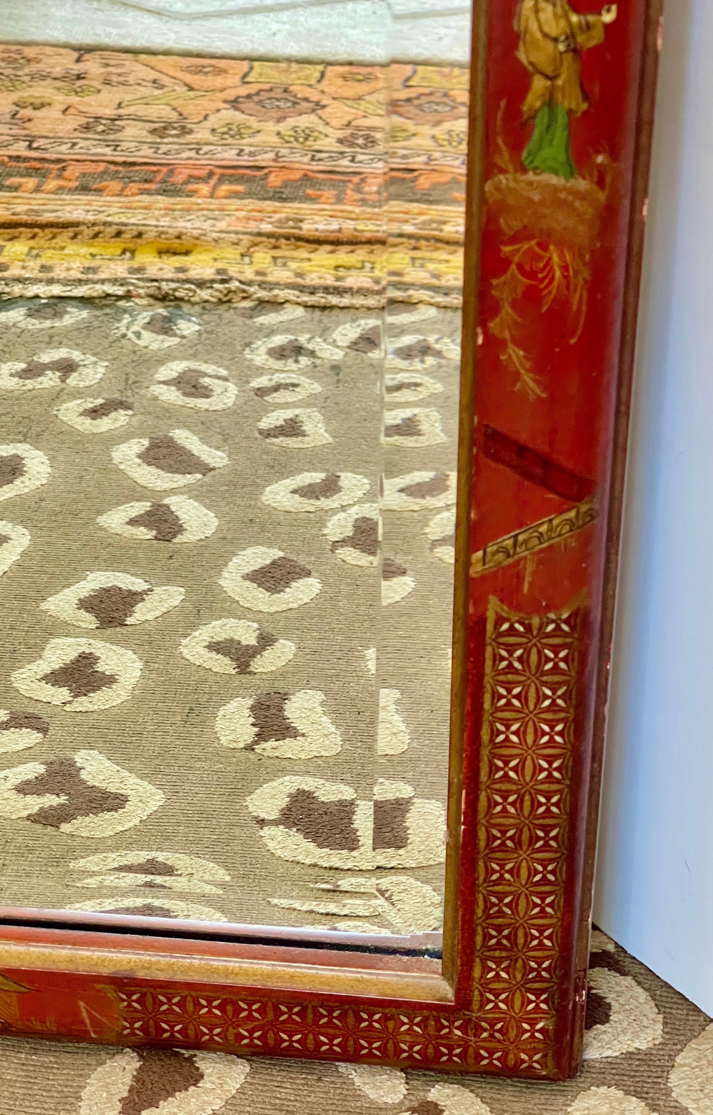 Miroir laqué rouge peint à la main, Chinoiserie italienne, années 1950 en vente 1