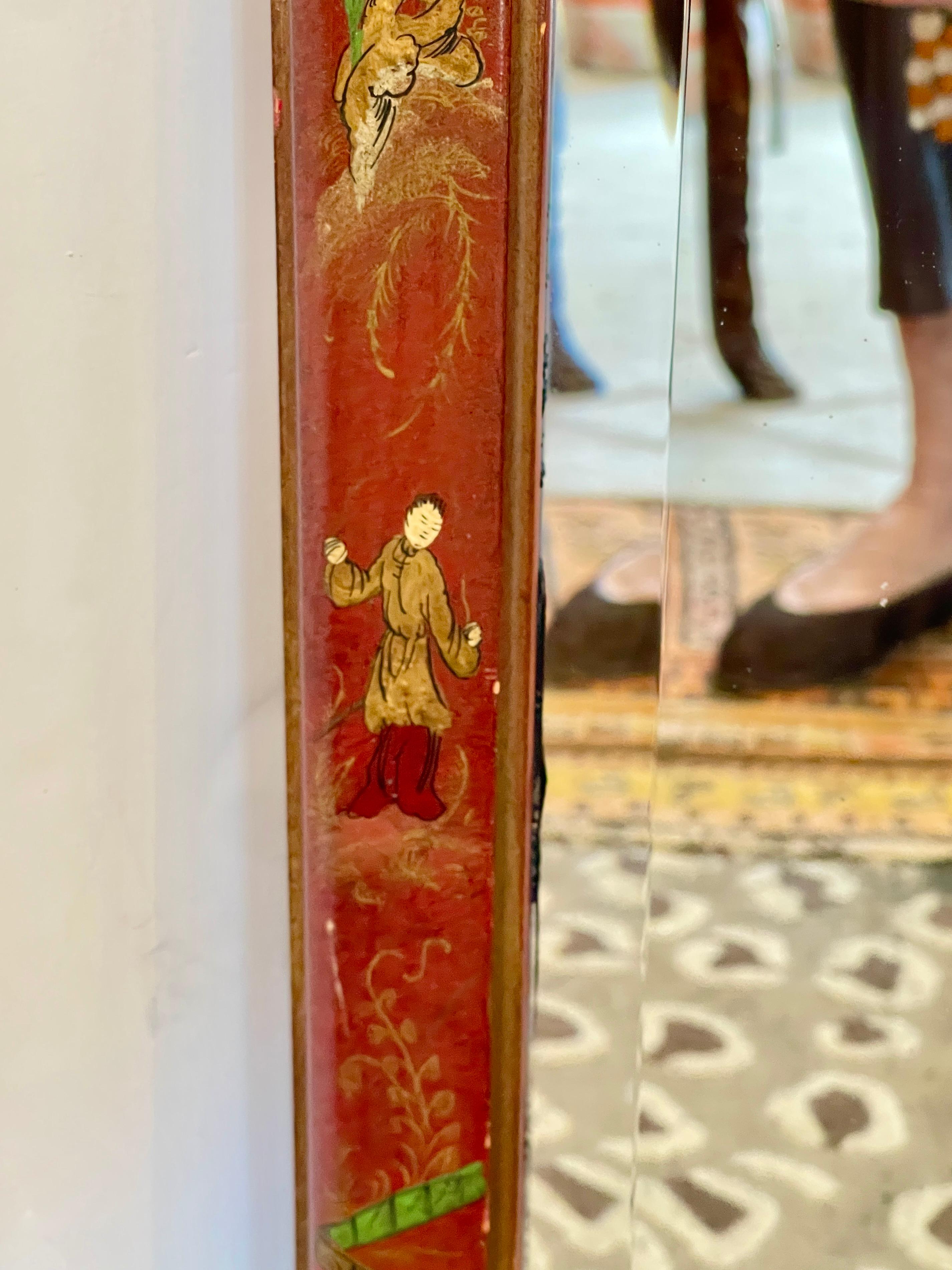 Miroir laqué rouge peint à la main, Chinoiserie italienne, années 1950 en vente 2