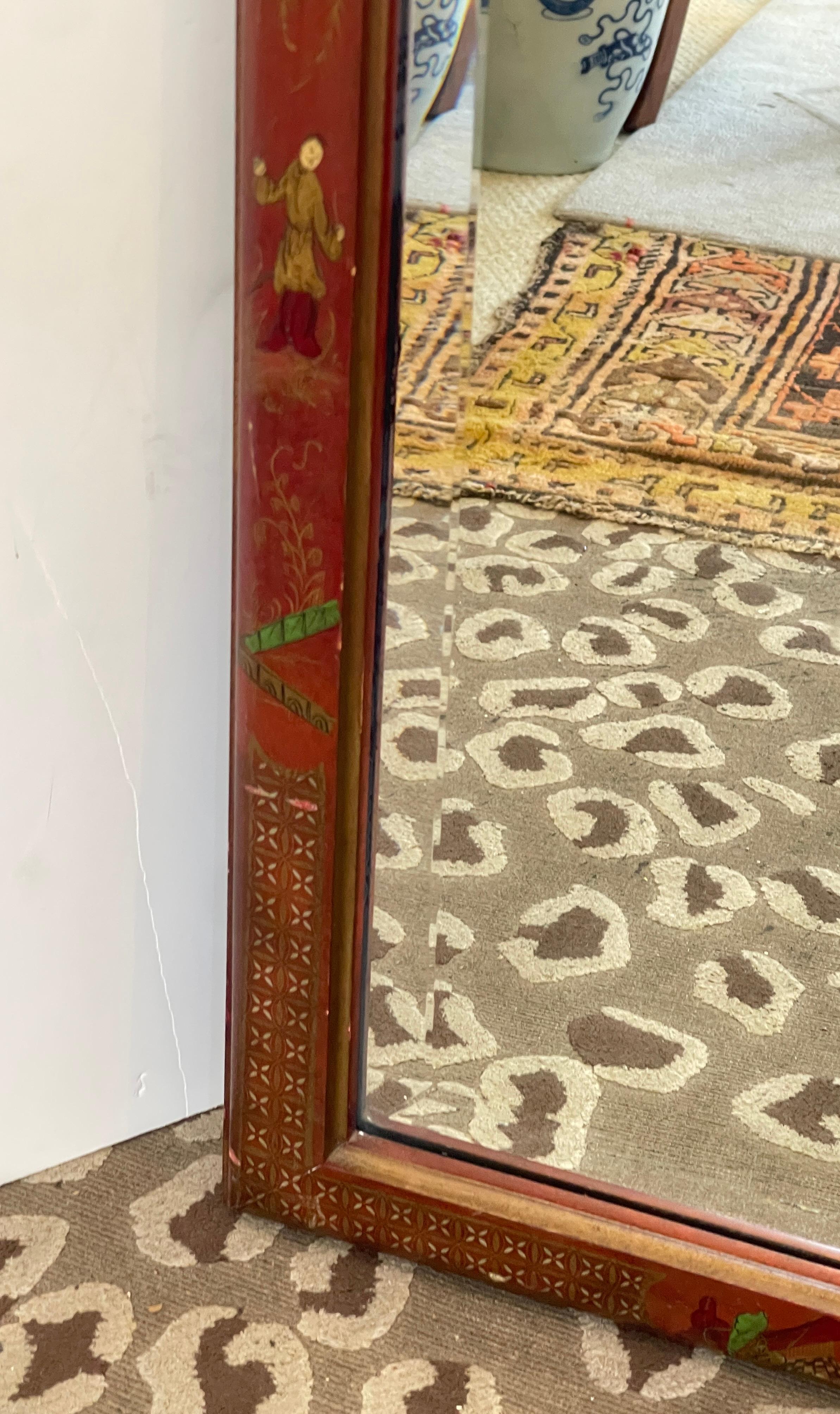 Miroir laqué rouge peint à la main, Chinoiserie italienne, années 1950 en vente 3