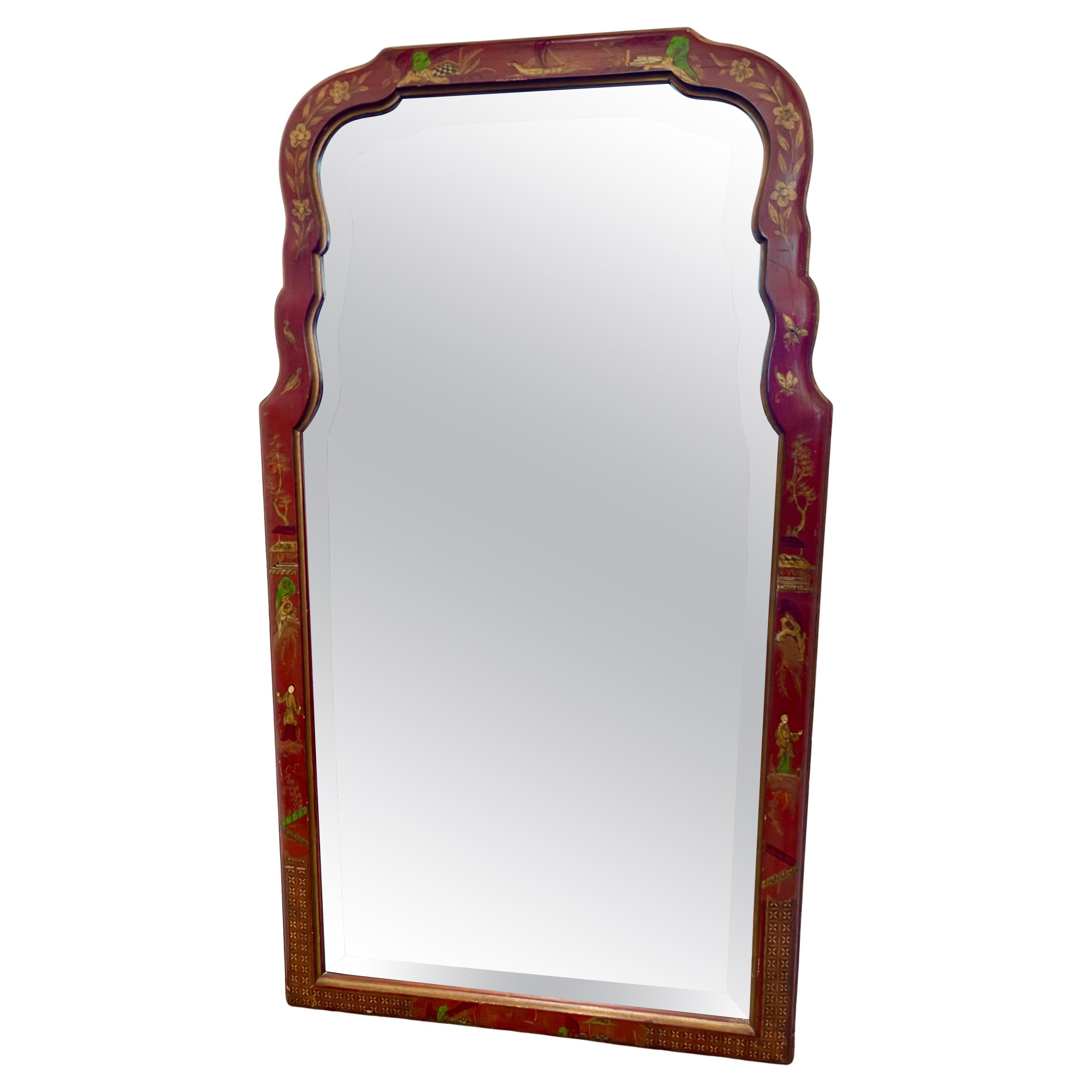 Miroir laqué rouge peint à la main, Chinoiserie italienne, années 1950 en vente