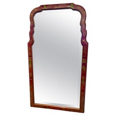 Italian Chinoiserie Red Hand Painted Lacquered Mirror, 1950s