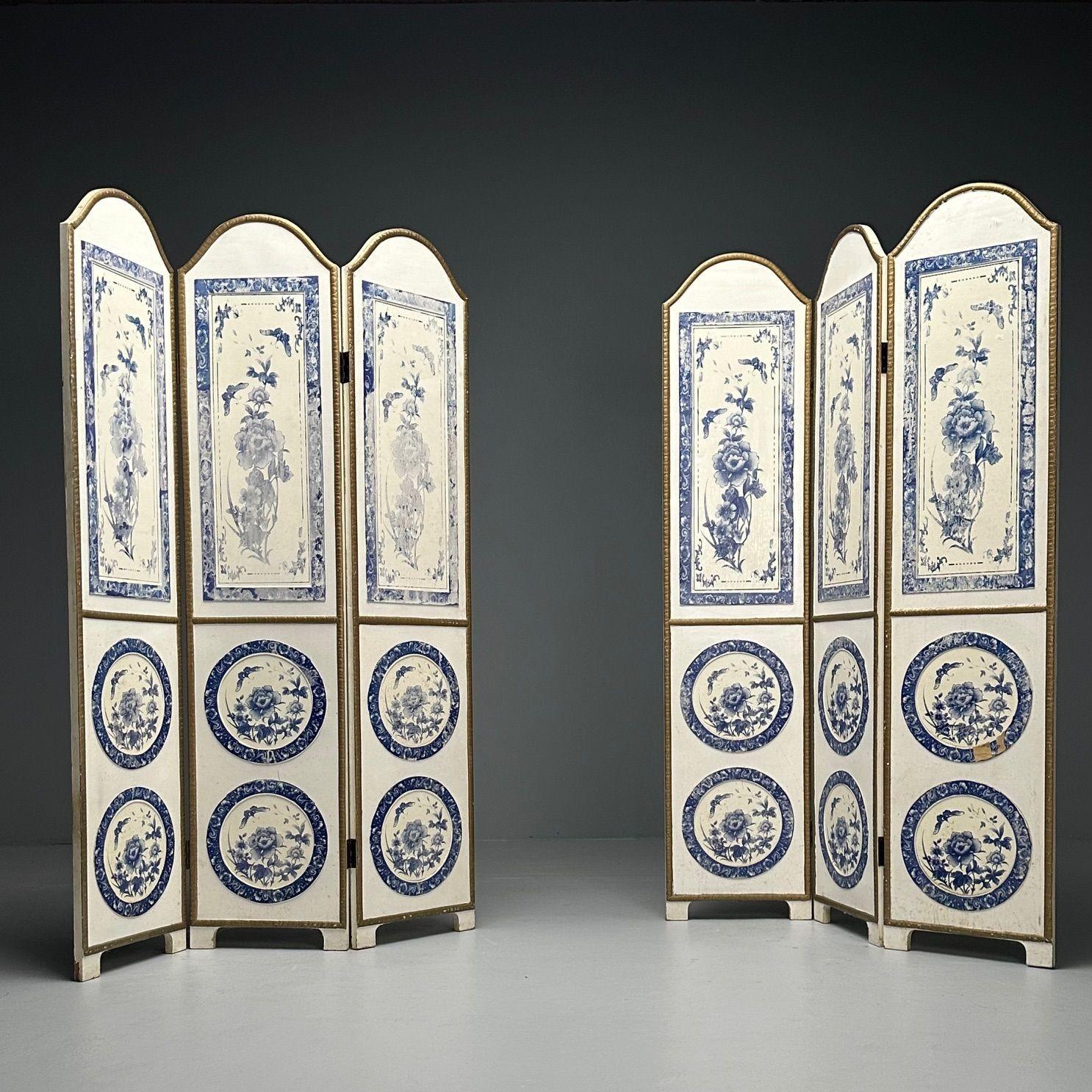 Italian, Chinoiserie, Pair of Room Dividers or Screens, Blue and White, Floral Motif, Gilt

Each having a Chinoiserie style depicting tapestry flow blue decorations above large platter flow blue bottom panels. The panels on bracket feet flanked in