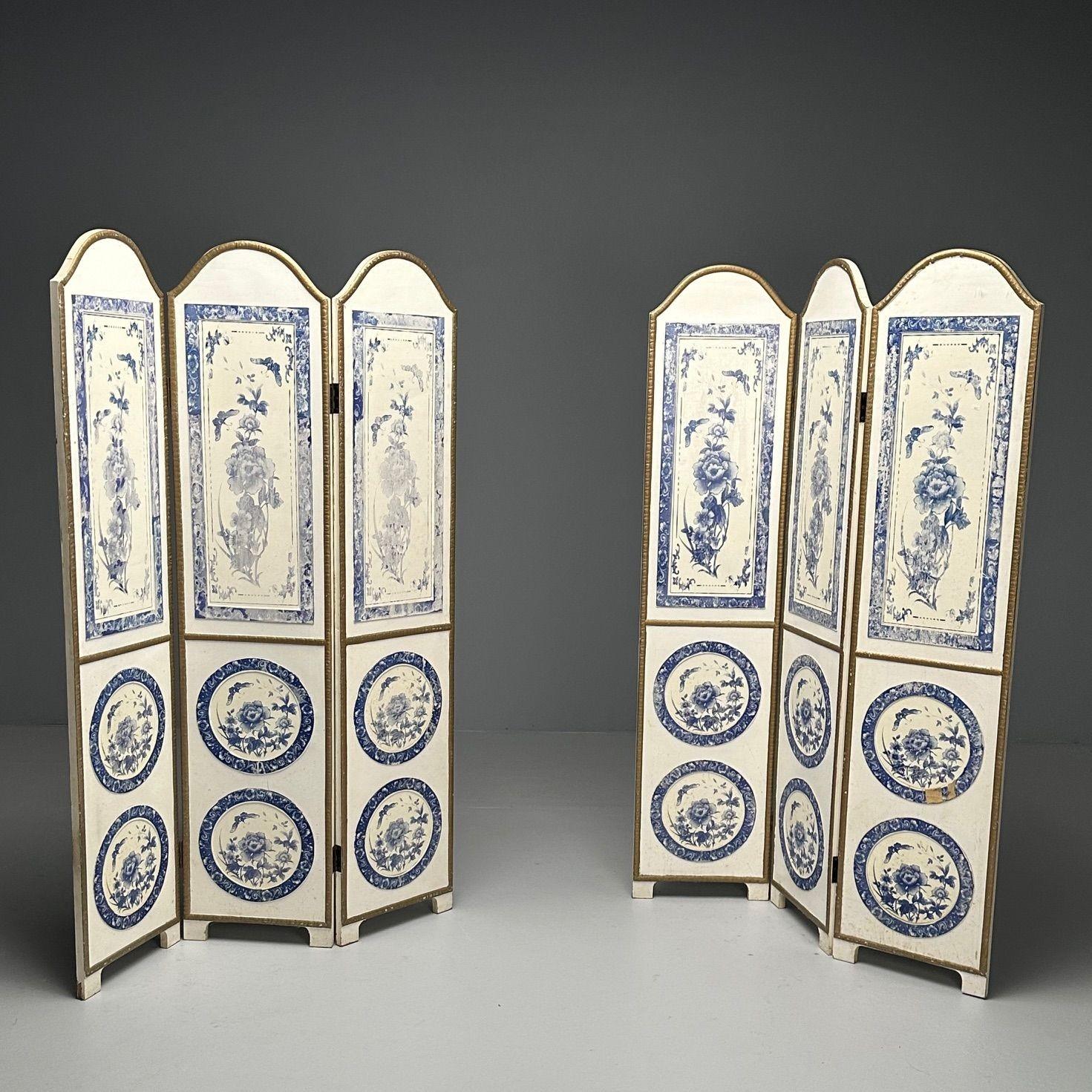 Italian, Chinoiserie, Room Dividers, Screens, Blue and White, Floral Motif, Gilt In Good Condition For Sale In Stamford, CT