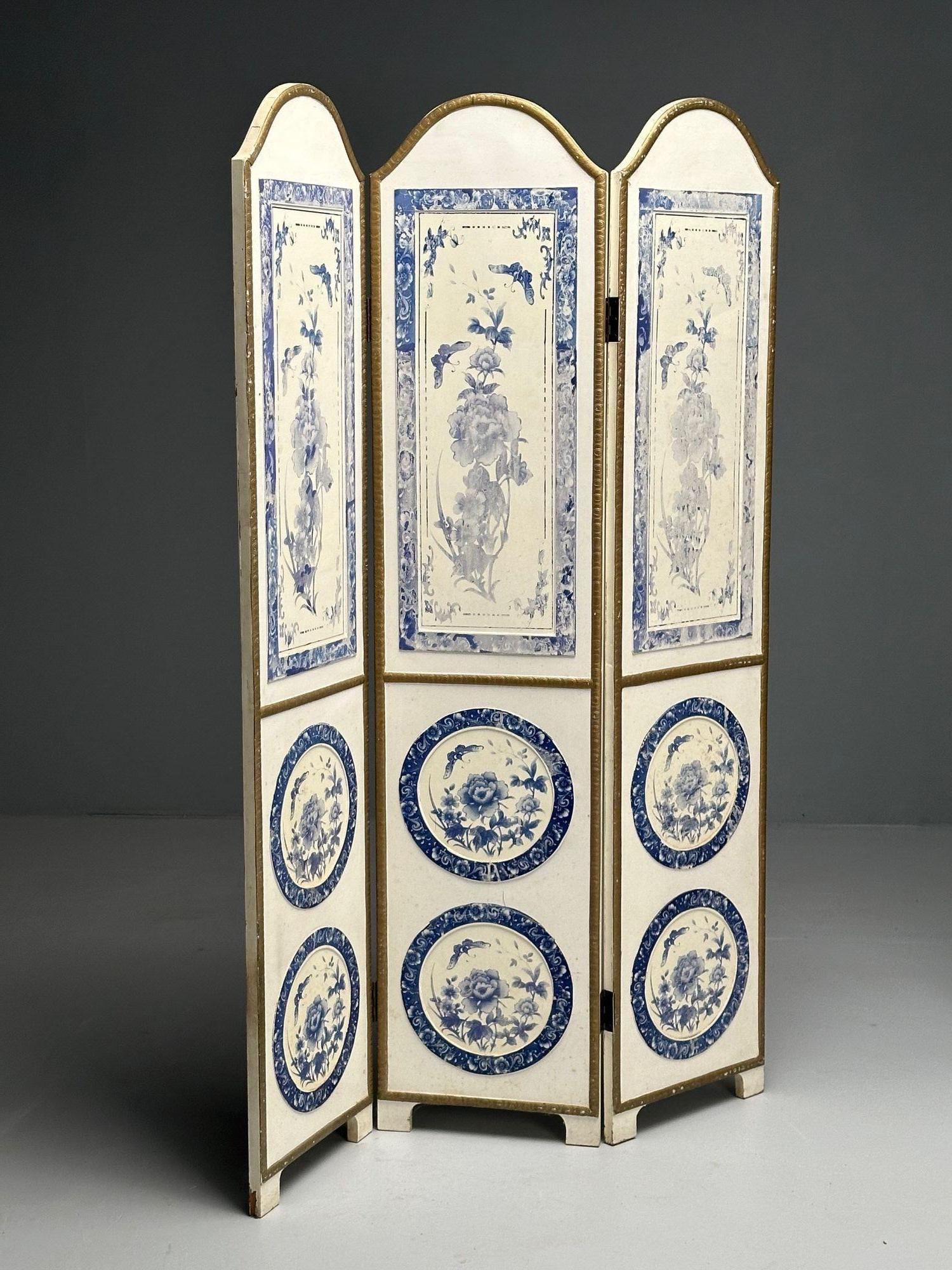 Mid-20th Century Italian, Chinoiserie, Room Dividers, Screens, Blue and White, Floral Motif, Gilt For Sale