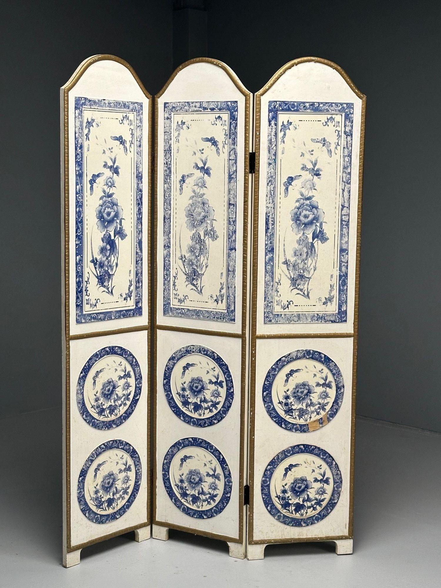 Wood Italian, Chinoiserie, Room Dividers, Screens, Blue and White, Floral Motif, Gilt For Sale