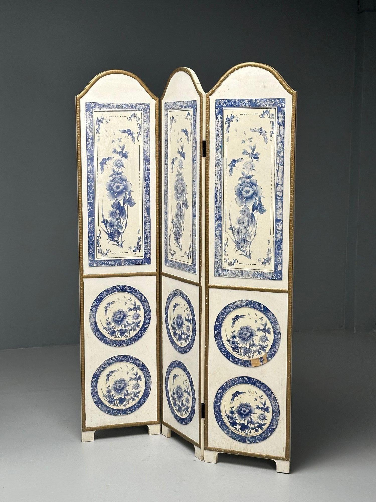 Italian, Chinoiserie, Room Dividers, Screens, Blue and White, Floral Motif, Gilt For Sale 1