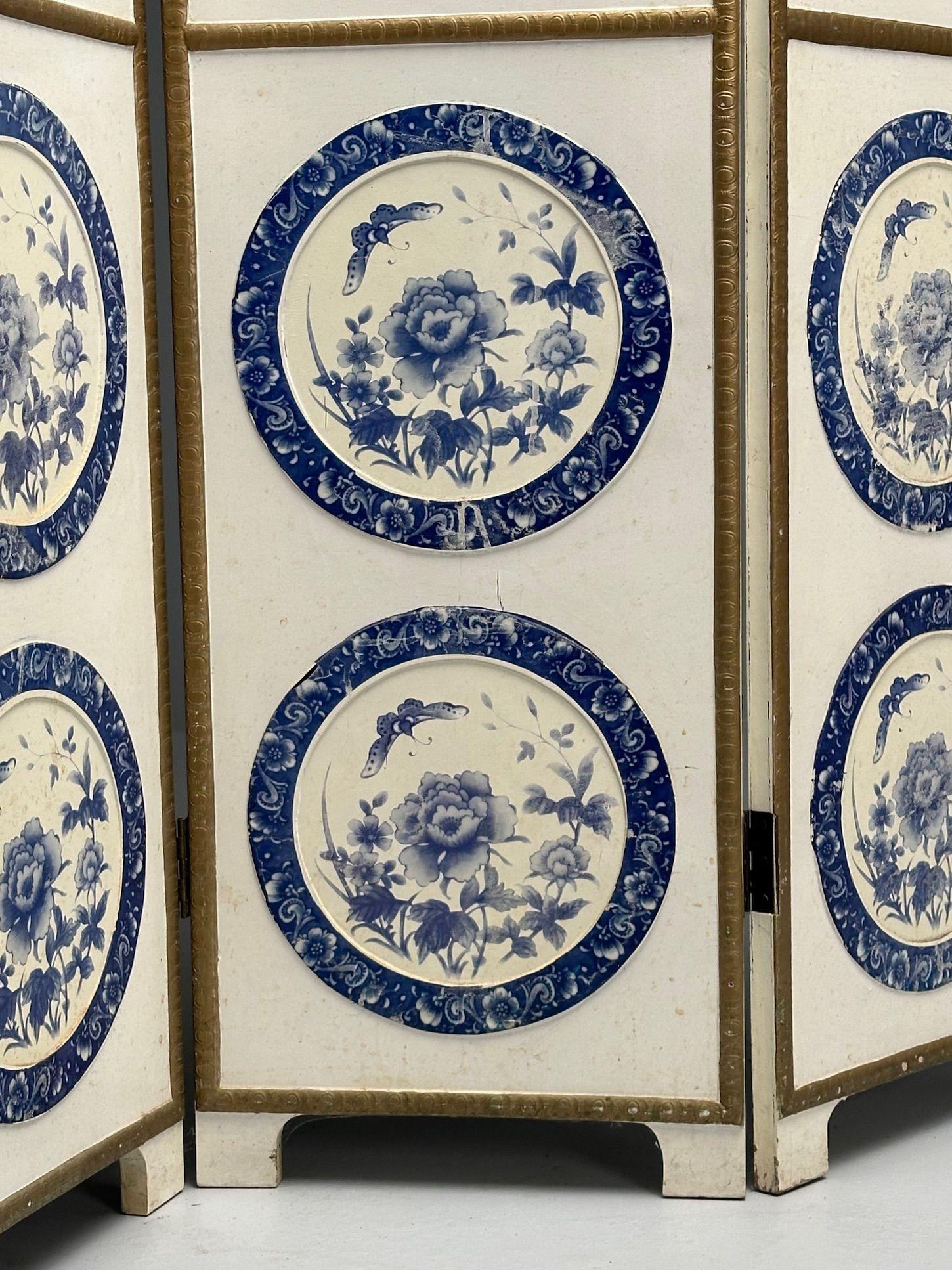 Italian, Chinoiserie, Room Dividers, Screens, Blue and White, Floral Motif, Gilt For Sale 3