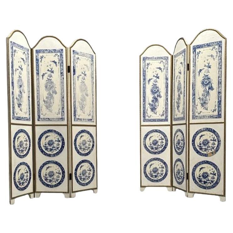 Italian, Chinoiserie, Room Dividers, Screens, Blue and White, Floral Motif, Gilt