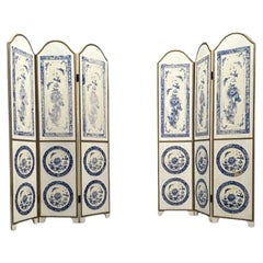 Used Italian, Chinoiserie, Room Dividers, Screens, Blue and White, Floral Motif, Gilt
