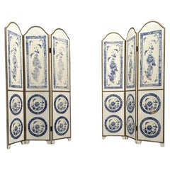 Italienisch, Chinoiserie, Raumteiler, Paravents, Blau und Weiß, Blumenmotiv, vergoldet