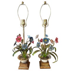 Italian Chippy Paint Patina Tole Metal Urn Floral Flower Table Lamps New Wiring