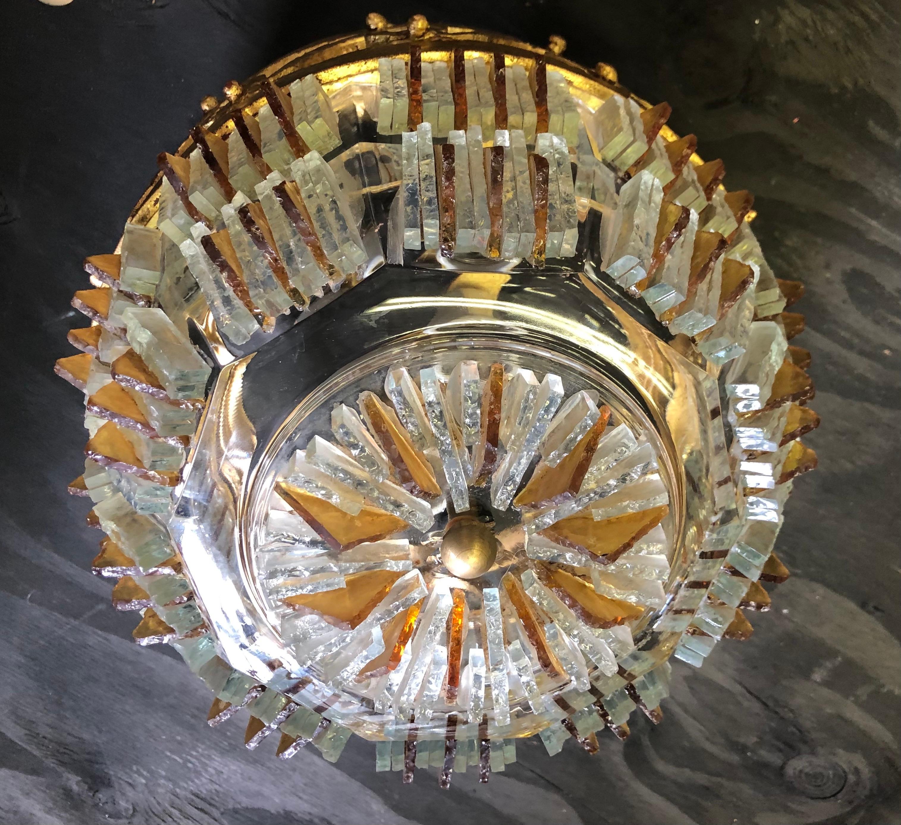 2 Italian Chiseled Murano Glass & Gilt Iron Pendant/ Flush Mount, Max Ingrand For Sale 6