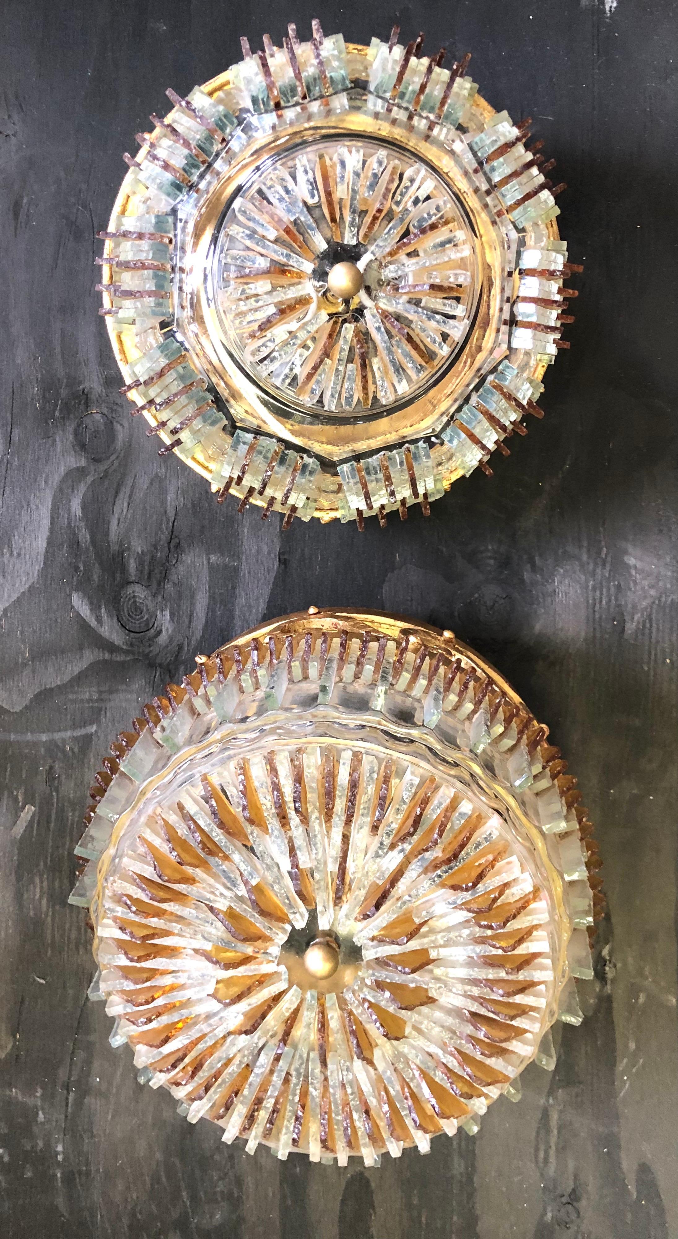 2 Italian Chiseled Murano Glass & Gilt Iron Pendant/ Flush Mount, Max Ingrand For Sale 7