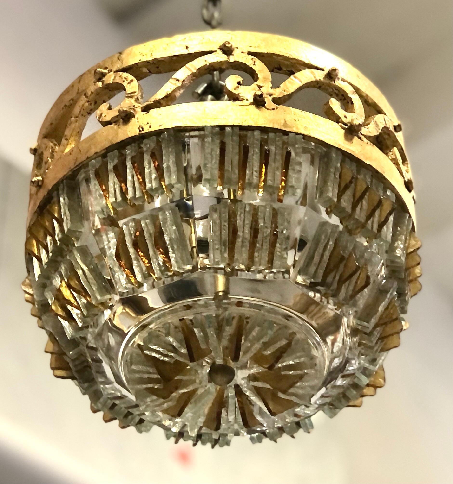 Mid-Century Modern 2 Italian Chiseled Murano Glass & Gilt Iron Pendant/ Flush Mount, Max Ingrand For Sale