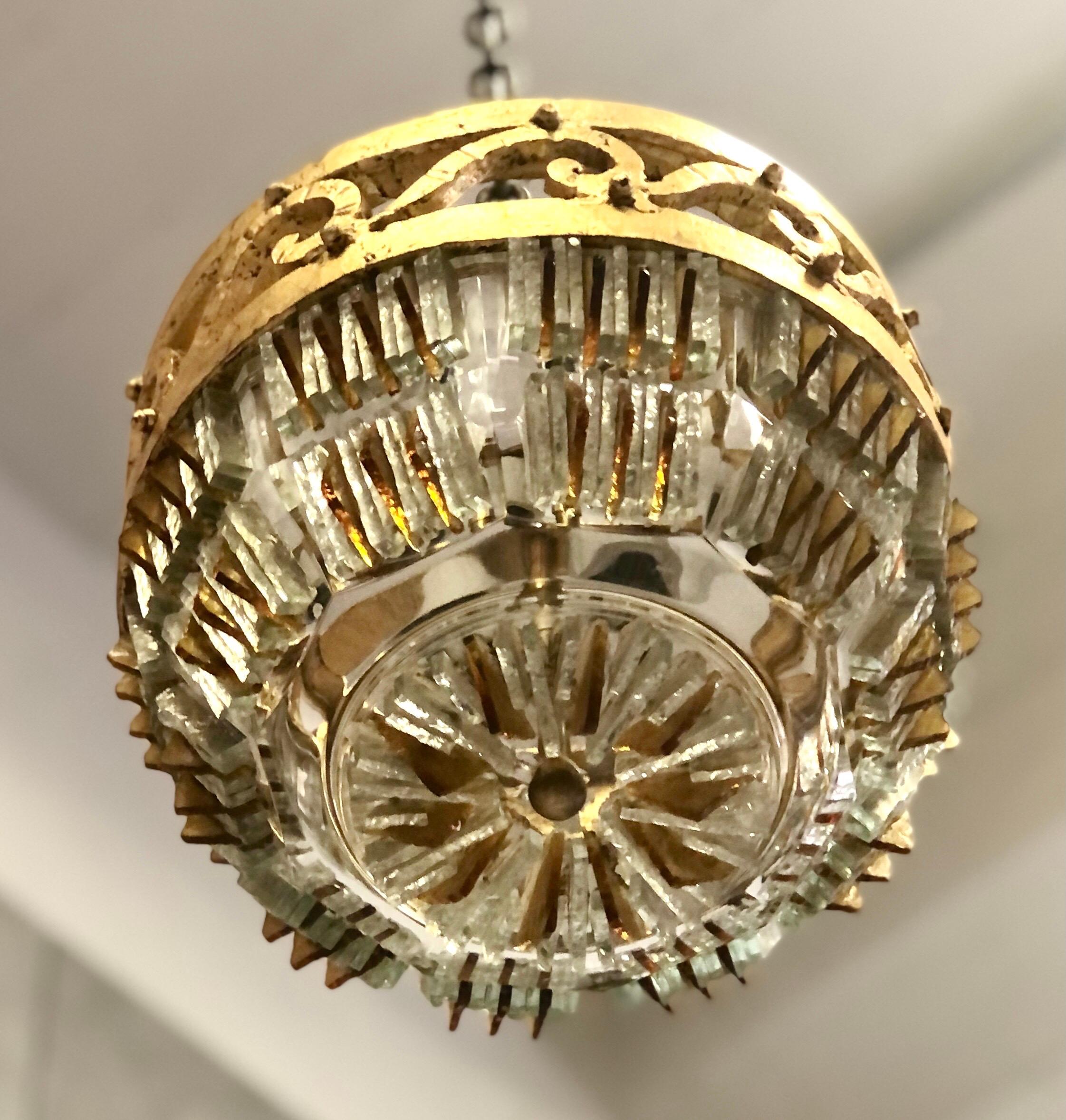 Hand-Crafted 2 Italian Chiseled Murano Glass & Gilt Iron Pendant/ Flush Mount, Max Ingrand For Sale