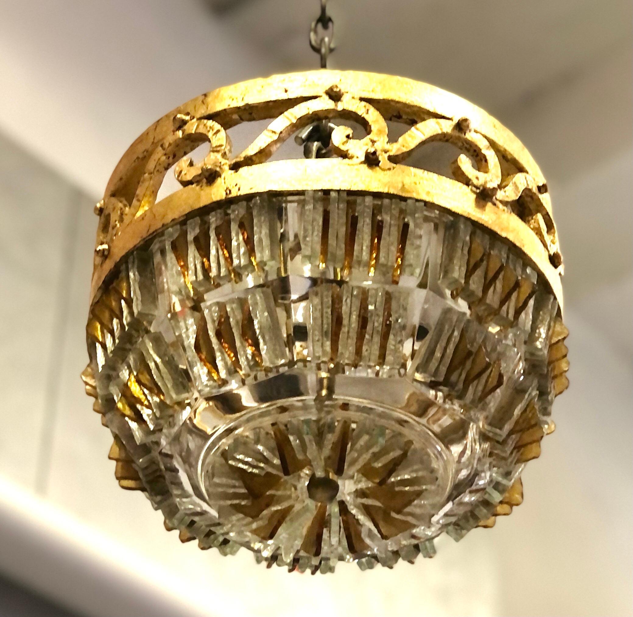2 Italian Chiseled Murano Glass & Gilt Iron Pendant/ Flush Mount, Max Ingrand In Good Condition For Sale In New York, NY