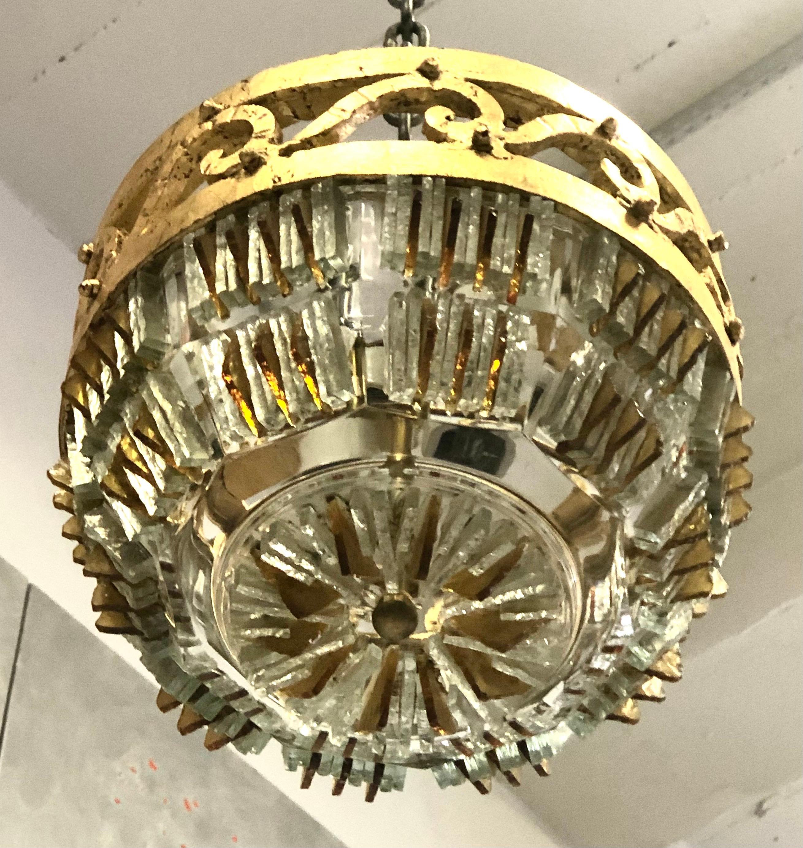20th Century 2 Italian Chiseled Murano Glass & Gilt Iron Pendant/ Flush Mount, Max Ingrand For Sale