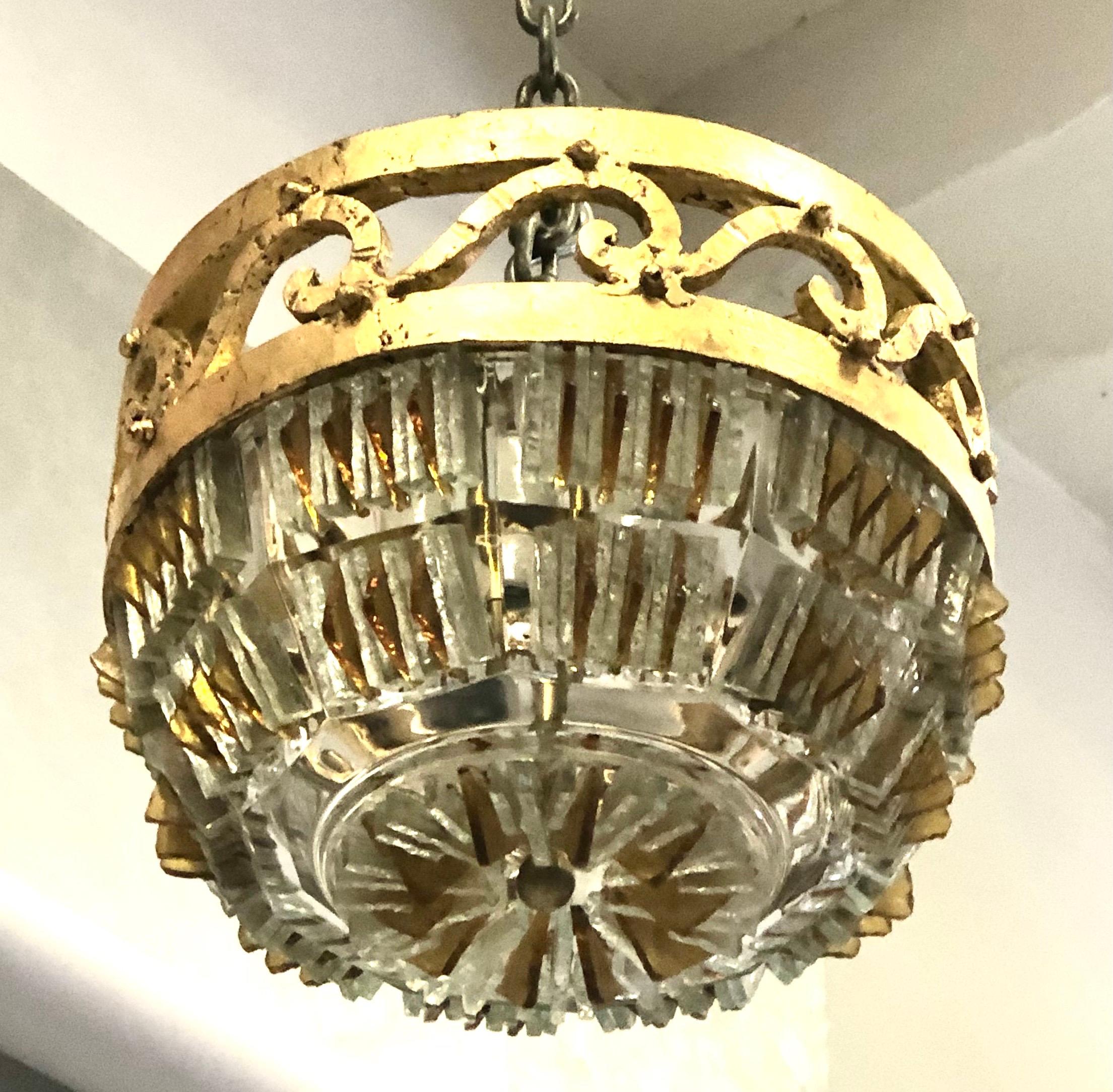 Wrought Iron 2 Italian Chiseled Murano Glass & Gilt Iron Pendant/ Flush Mount, Max Ingrand For Sale