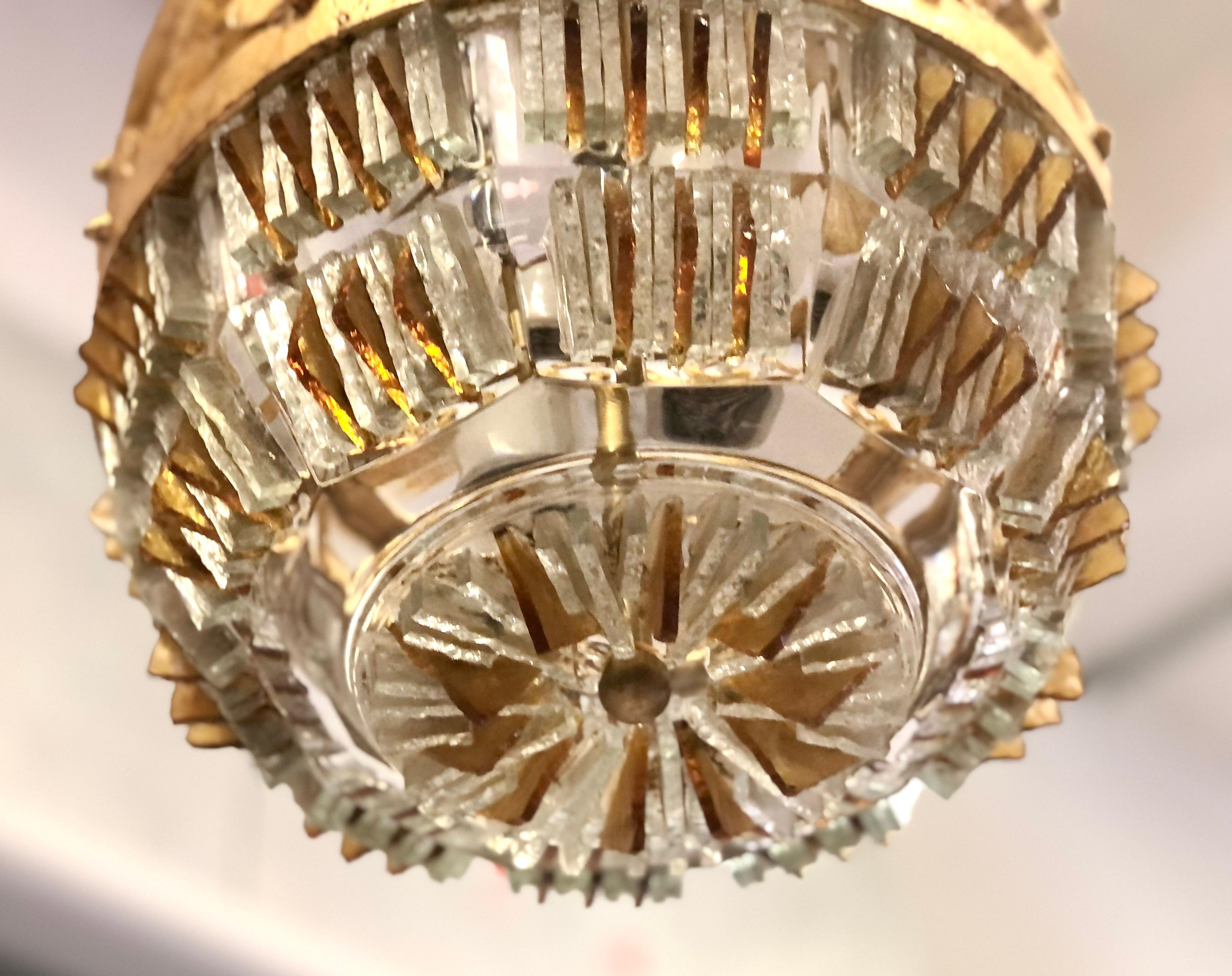 2 Italian Chiseled Murano Glass & Gilt Iron Pendant/ Flush Mount, Max Ingrand For Sale 1